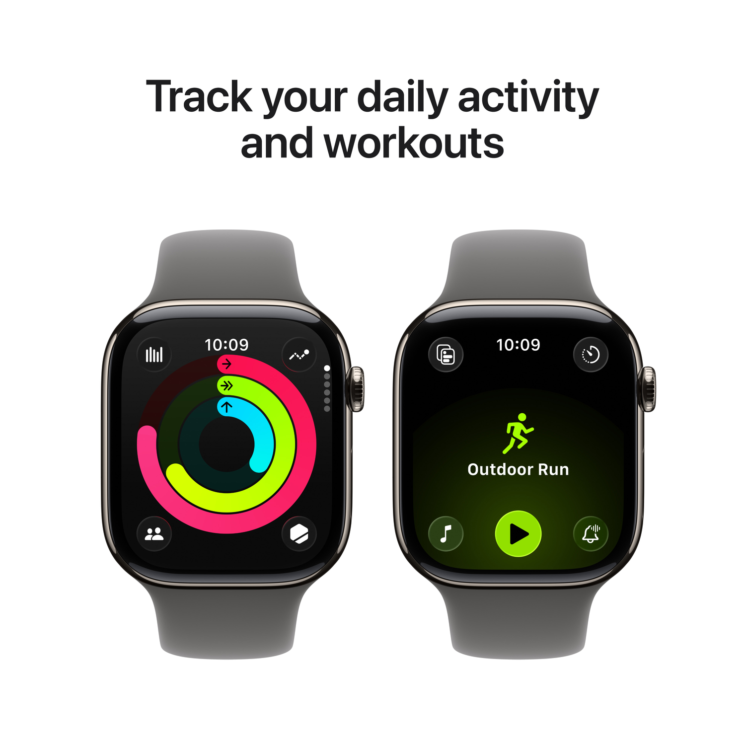 Two smartwatches displaying activity tracking. One shows rings, the other an outdoor run interface. Grey straps, black screens, and white background.