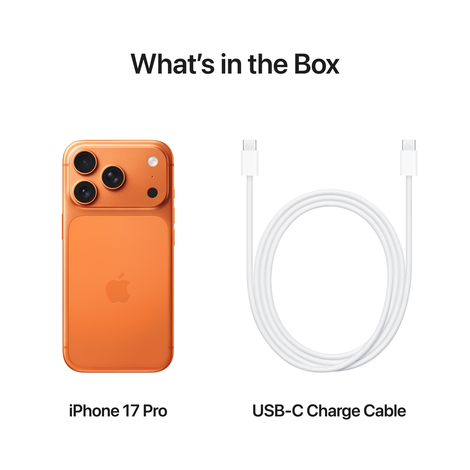 Orange iPhone 17 Pro and white USB-C cable on a white background. Text reads 'What's in the Box'.
