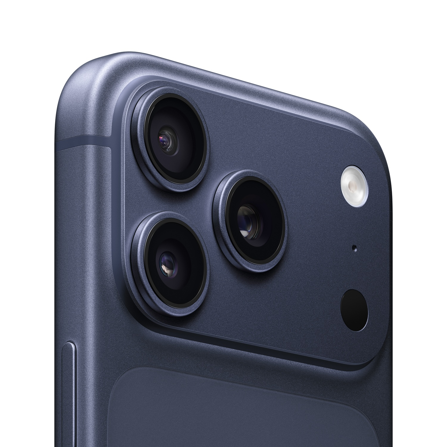 Close-up of a blue smartphone camera module with three lenses, a flash, and a microphone on a white background.