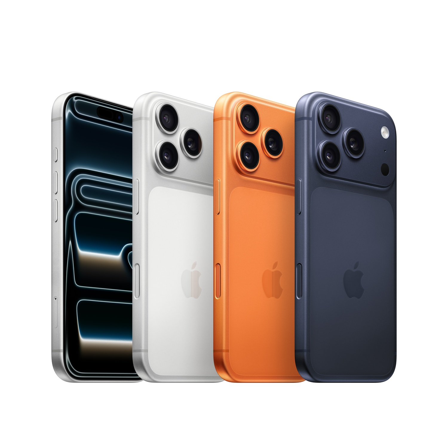 Quatre iPhones de couleurs différentes : noir, blanc, orange et bleu foncé. Tous ont un système de caméra à trois objectifs et le logo Apple.