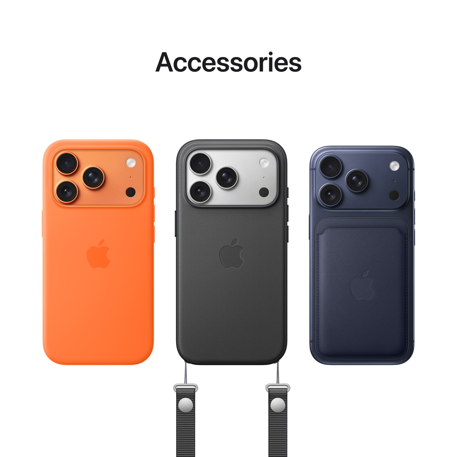 Trois coques iPhone : orange, noire et bleue, chacune avec le logo Apple. Les coques ont des découpes pour l'appareil photo et des lanières. Texte « Accessoires » en haut.
