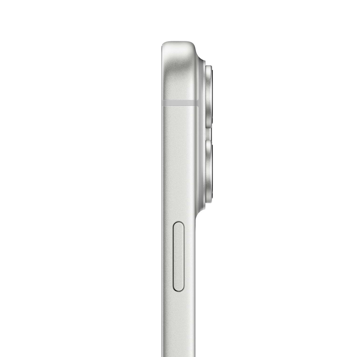 Vue latérale d'un smartphone argenté, montrant les objectifs de l'appareil photo, le bouton de volume et un bouton d'alimentation, sur fond blanc.