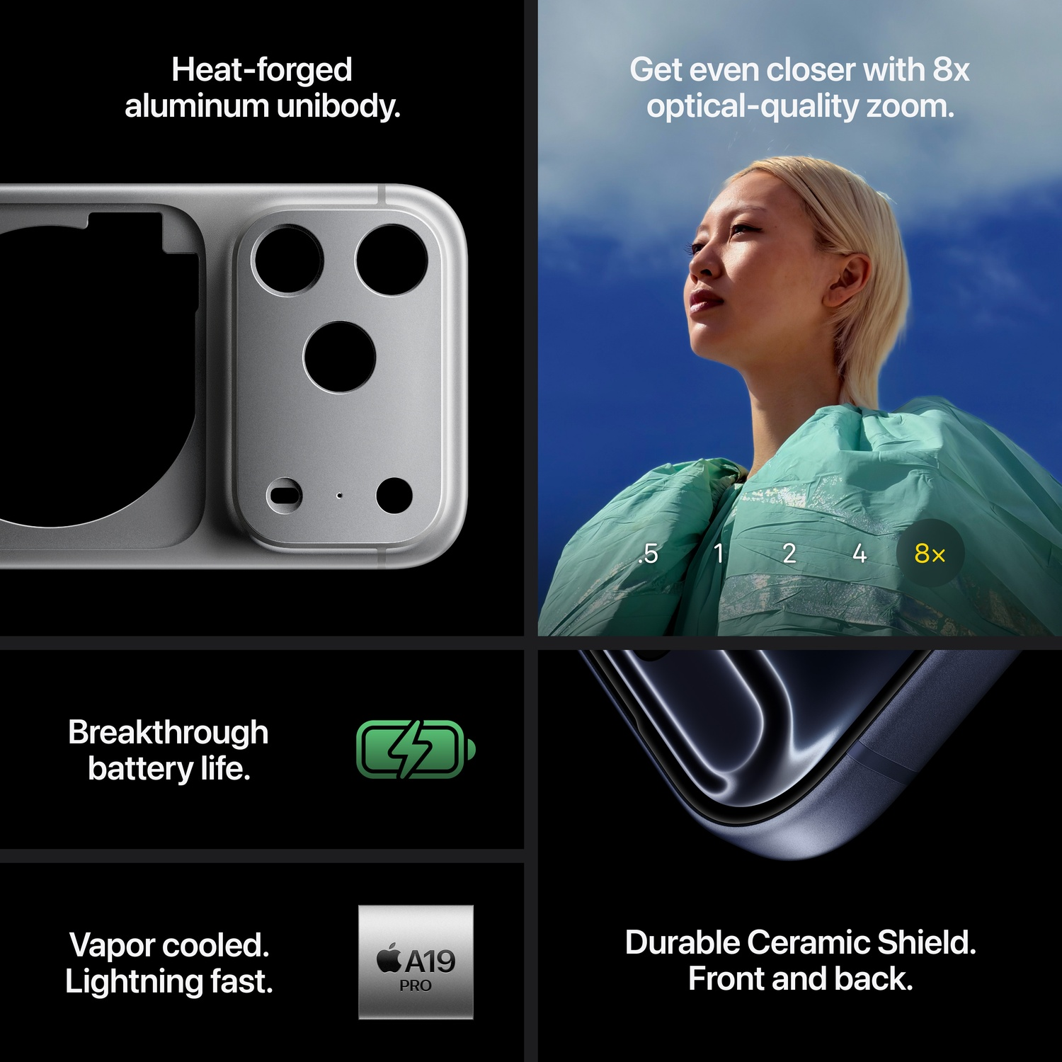 L'image montre les fonctionnalités du téléphone : unibody, zoom, autonomie de la batterie, refroidissement par vapeur et bouclier en céramique. Une personne regarde le ciel.