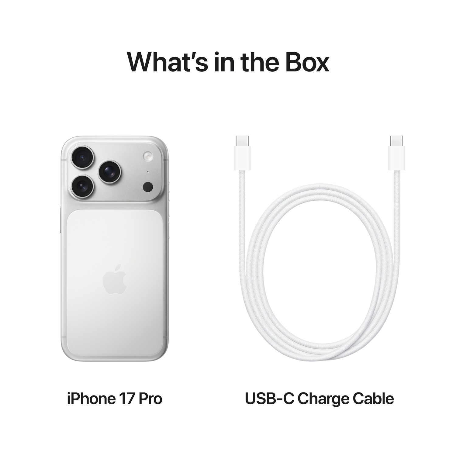 L'image montre un iPhone 17 Pro et un câble de charge USB-C. Le téléphone est blanc, le câble est blanc. Texte : 'Qu'y a-t-il dans la boîte'.