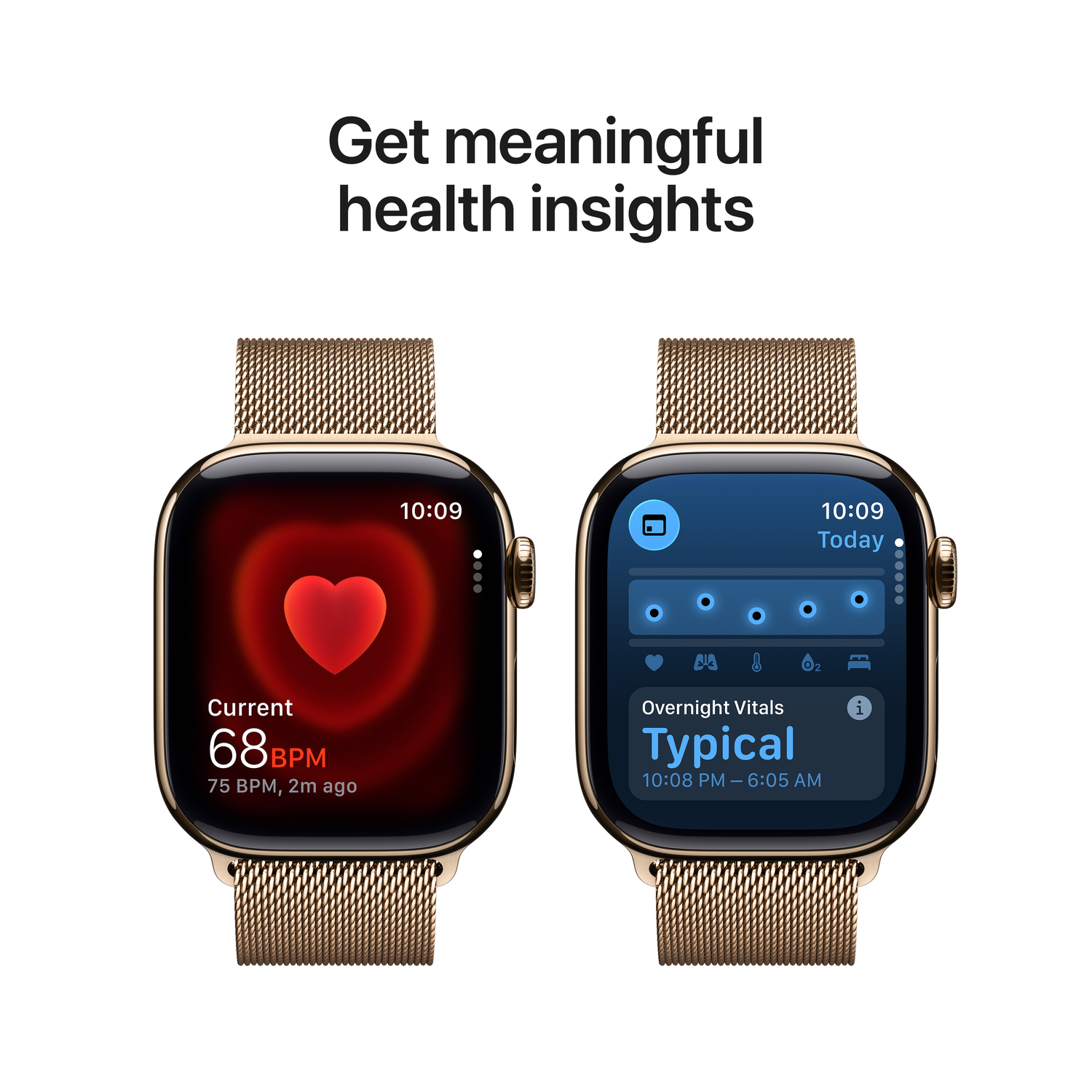 Deux montres intelligentes affichent des données de santé : une avec un affichage de la fréquence cardiaque, l'autre avec des signes vitaux nocturnes, toutes deux avec des bracelets dorés.