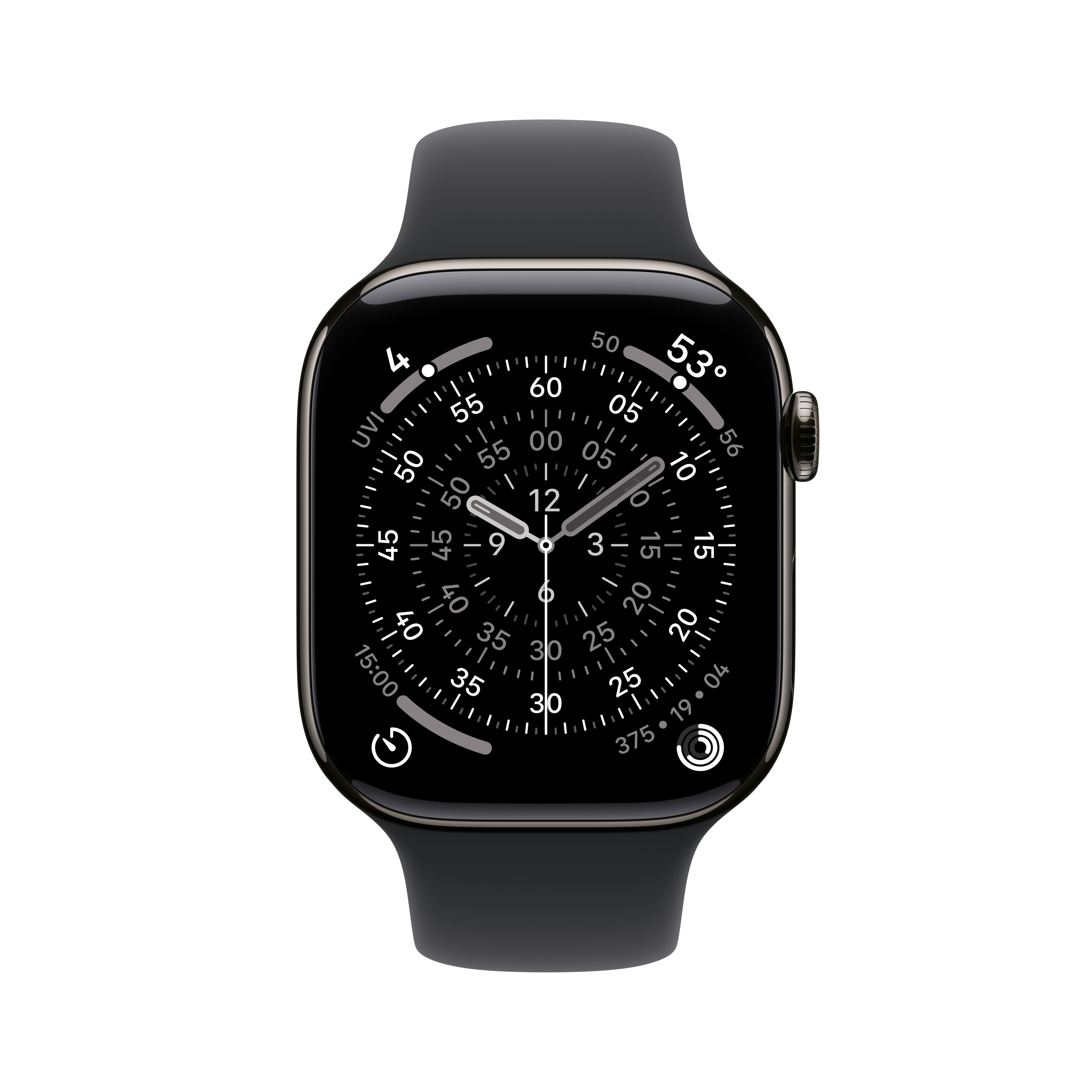 Eine schwarze Smartwatch zeigt Zeit und Metriken auf schwarzem Hintergrund. Die Uhr hat ein schwarzes Armband.