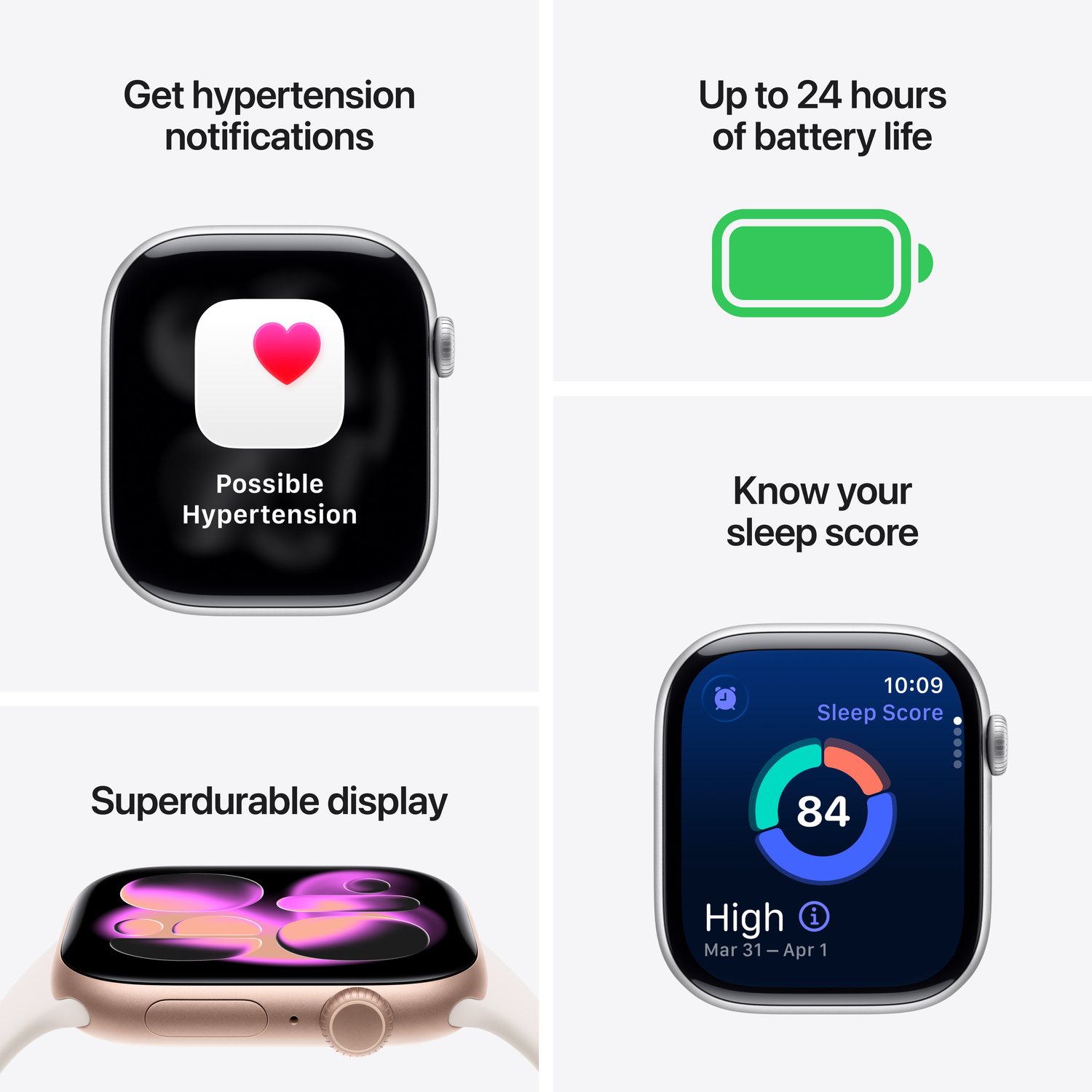 Une Apple Watch affiche des fonctions de santé : notifications d'hypertension, autonomie, score de sommeil et écran durable. Chacune est affichée.
