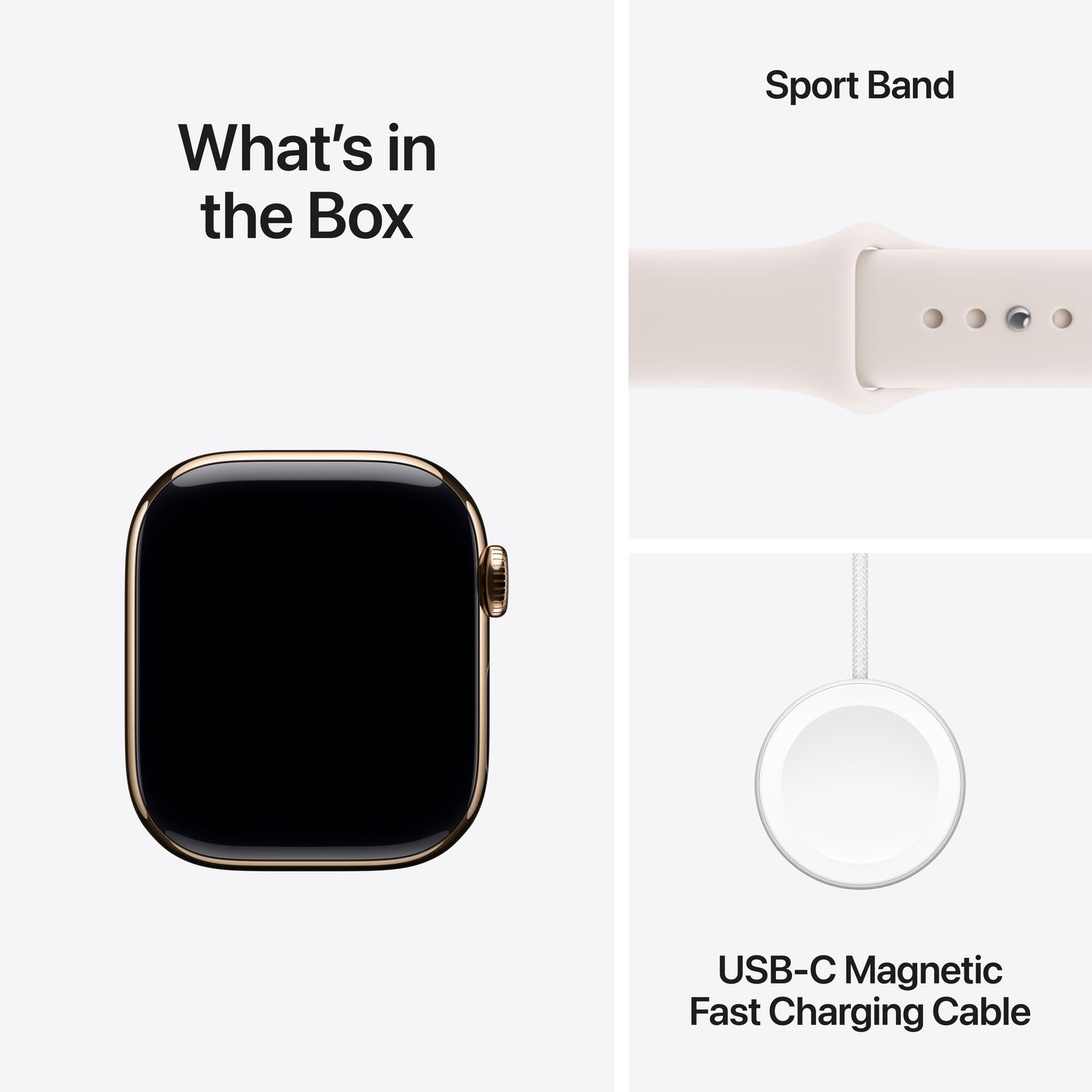 Une Apple Watch, un bracelet sport blanc et un câble de charge rapide magnétique USB-C sont affichés sur fond blanc.