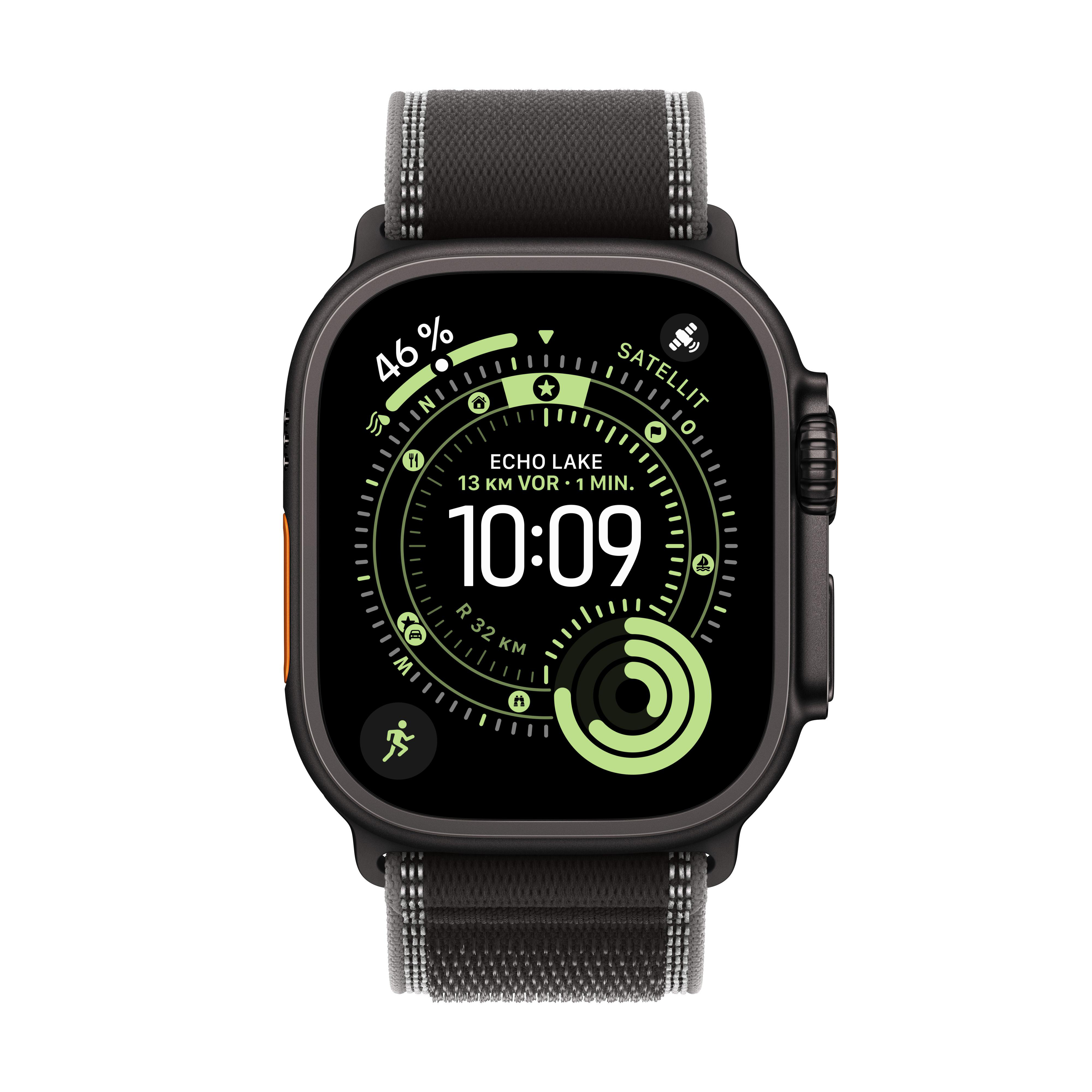 Eine schwarze Smartwatch mit grauem Armband zeigt Zeit, Akku und Standortdaten an. Die Uhrzeit ist 10:09.