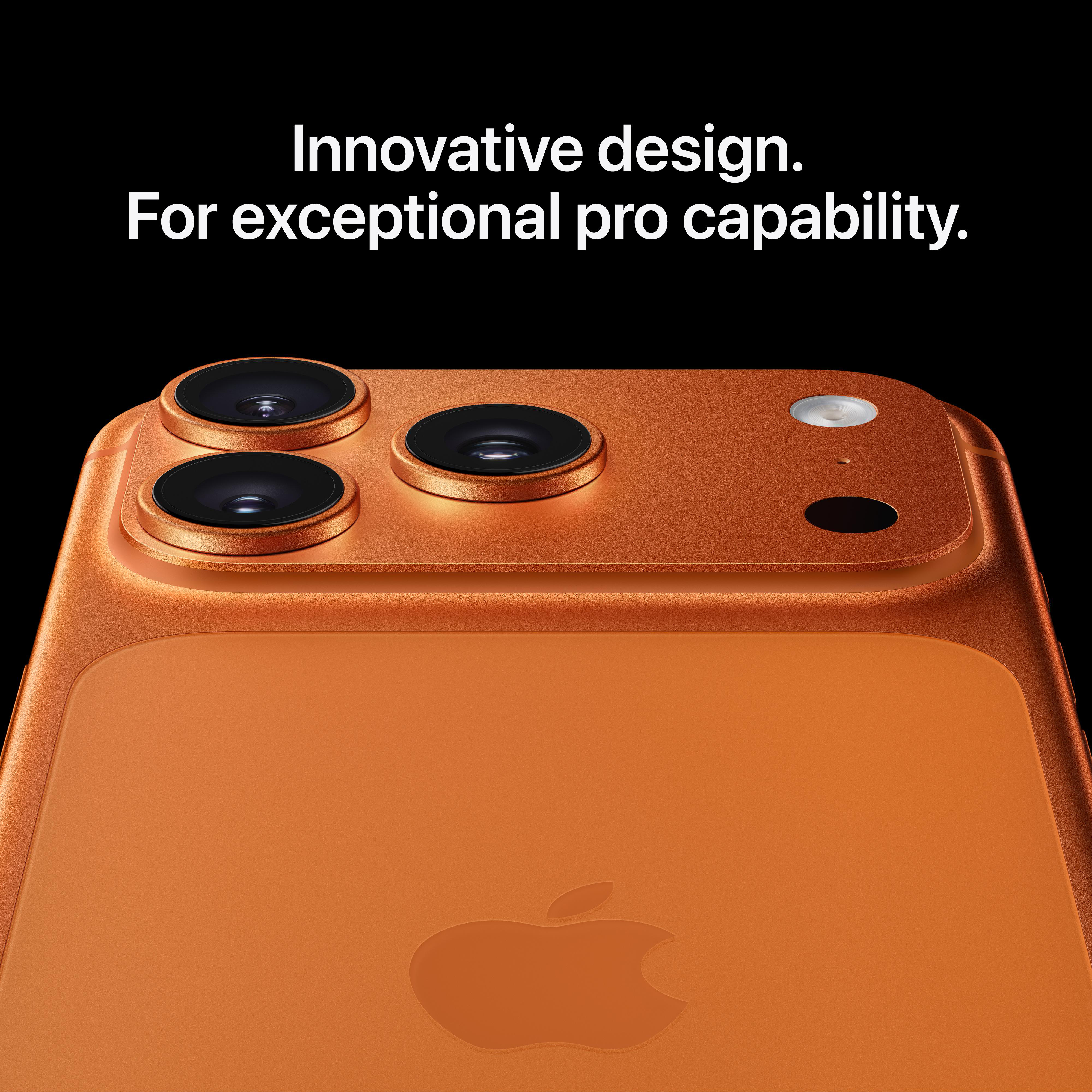 Oranges Telefon mit drei Kameras, Blitz und Apple-Logo. Text: Innovatives Design. Für außergewöhnliche Profi-Fähigkeiten.