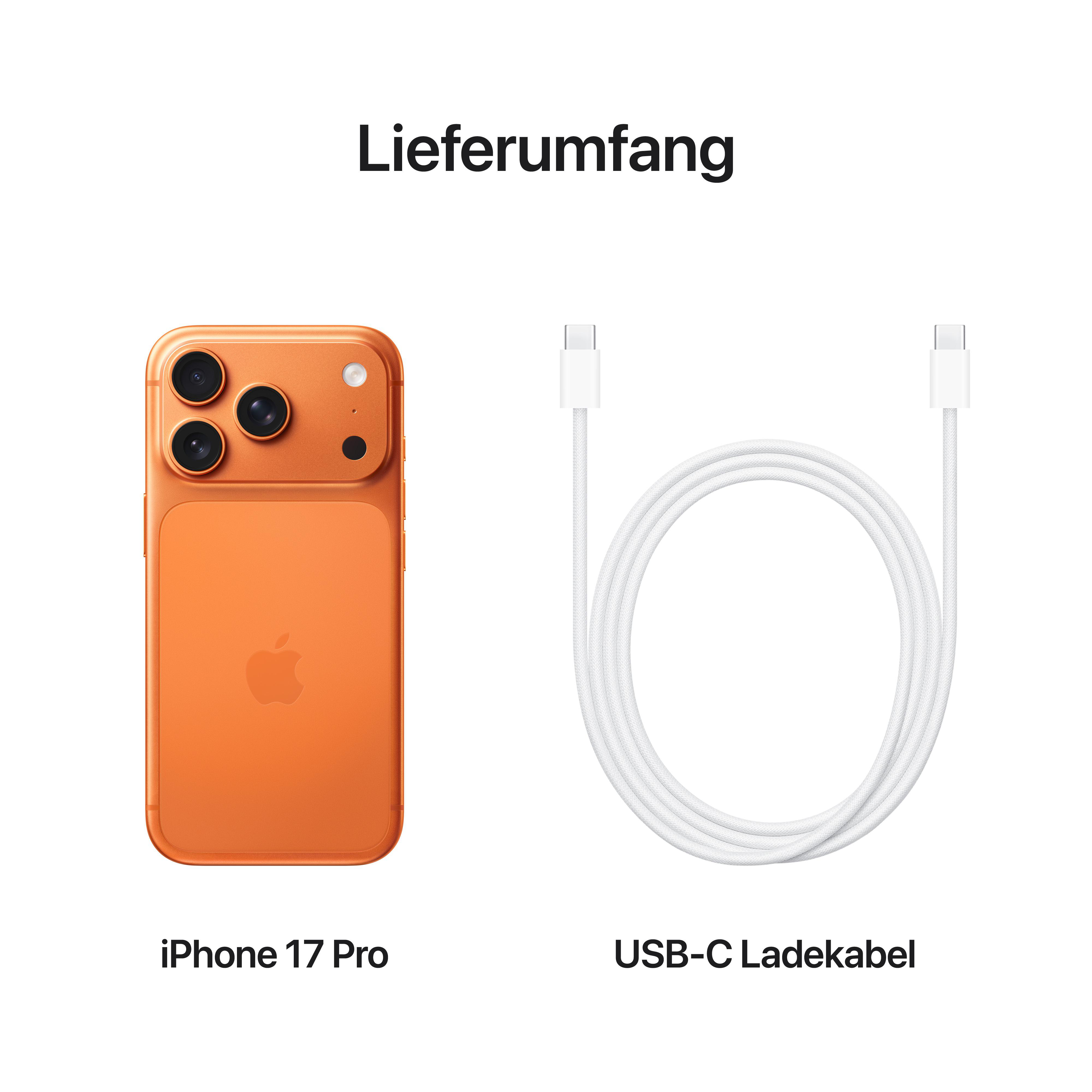 Orangefarbenes iPhone 17 Pro mit drei Kameras und ein weißes USB-C-Ladekabel auf weißem Hintergrund.