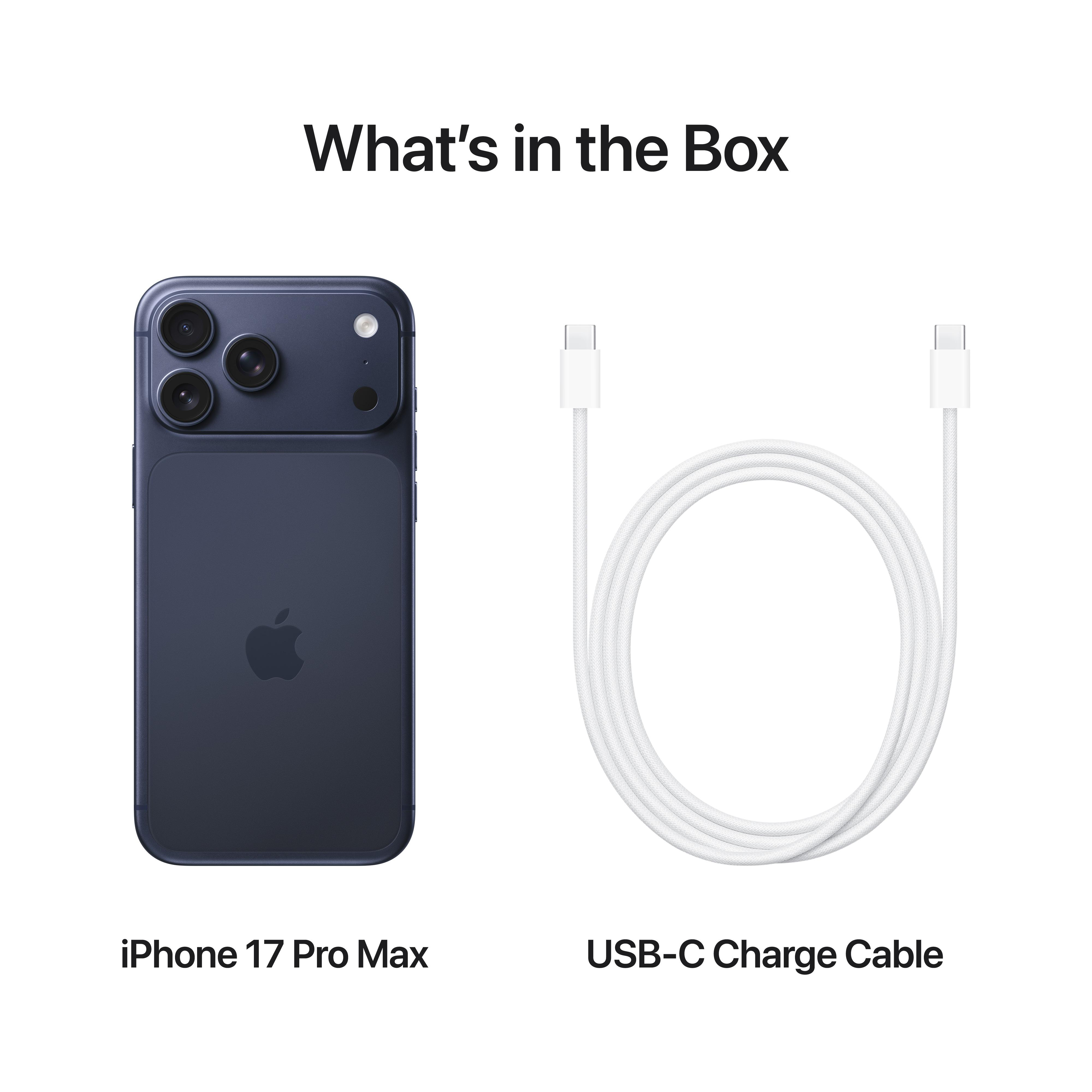 Das Bild zeigt ein iPhone 17 Pro Max und ein USB-C-Ladekabel vor weißem Hintergrund. Das Telefon ist blau.