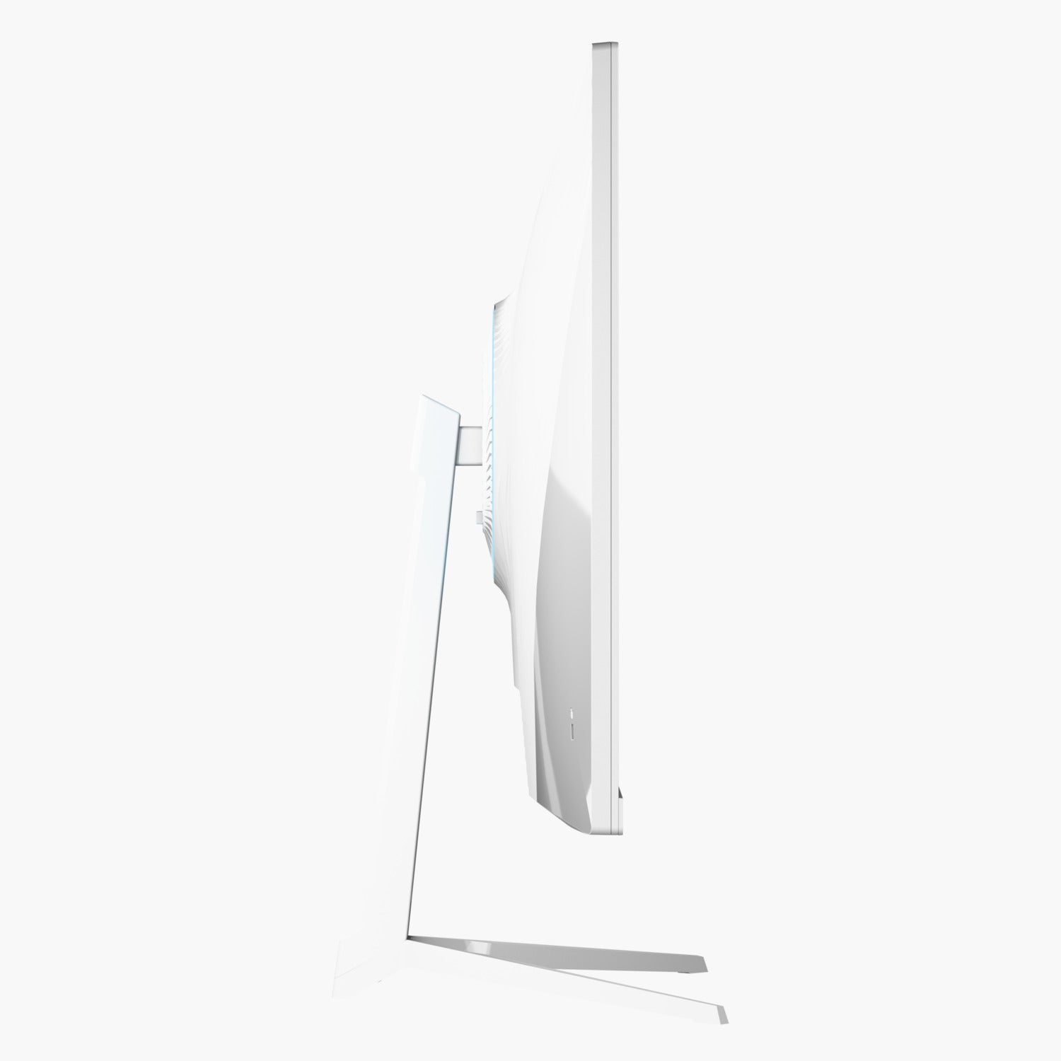 Ein weißer Computermonitor, Seitenansicht, steht auf einem weißen Ständer vor weißem Hintergrund. Der Bildschirm ist aus.