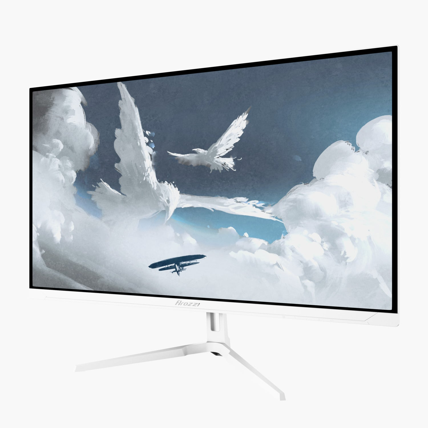 Ein weißer Computermonitor zeigt ein Bild einer Taube, die in einem bewölkten Himmel mit einem kleinen Flugzeug fliegt.