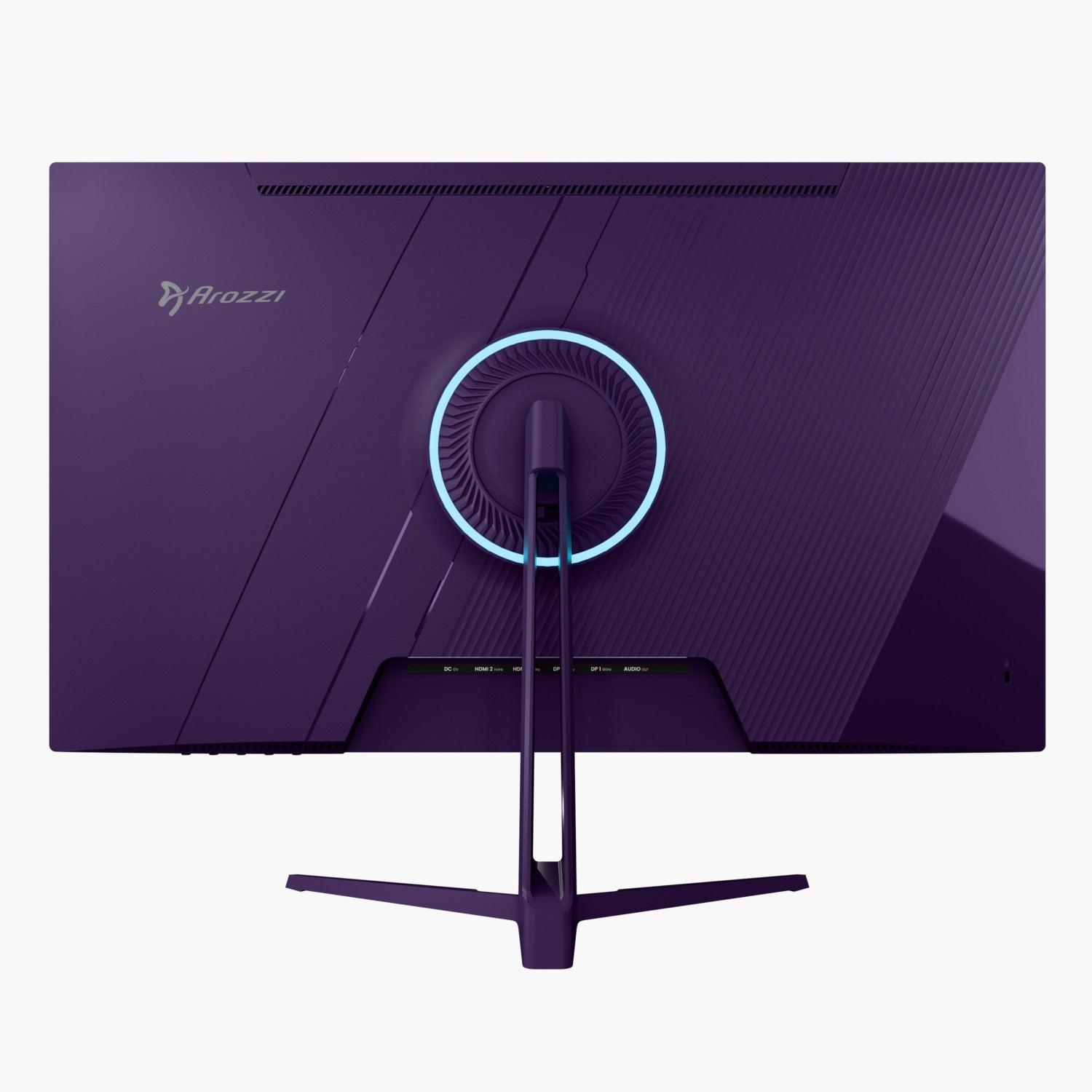 Rückseite eines lila Computermonitors. Ein kreisförmiges Licht und ein Ständer sind sichtbar. Das Arozzi-Logo befindet sich oben links.