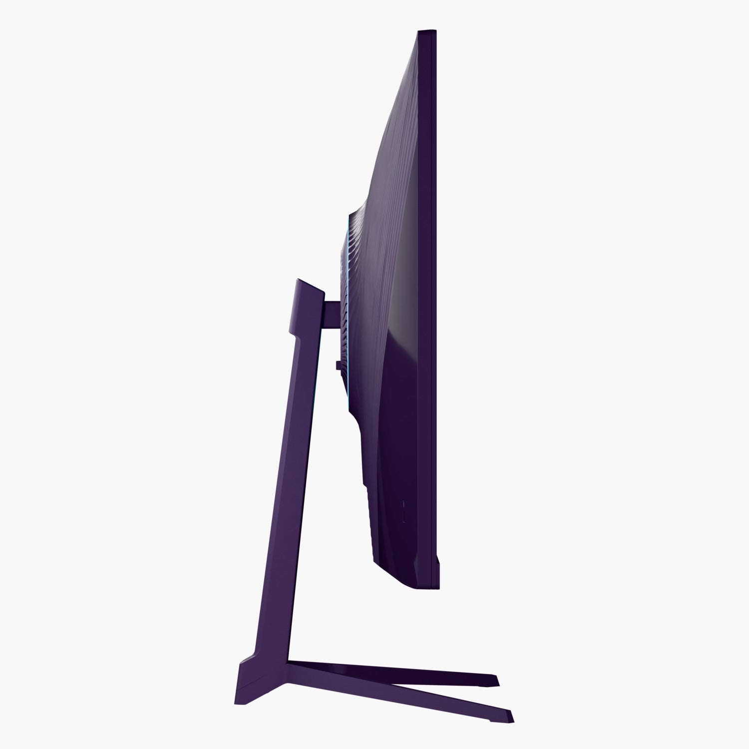 Ein lila Computermonitor mit Ständer wird im Profil vor weißem Hintergrund gezeigt. Er hat ein elegantes Design.