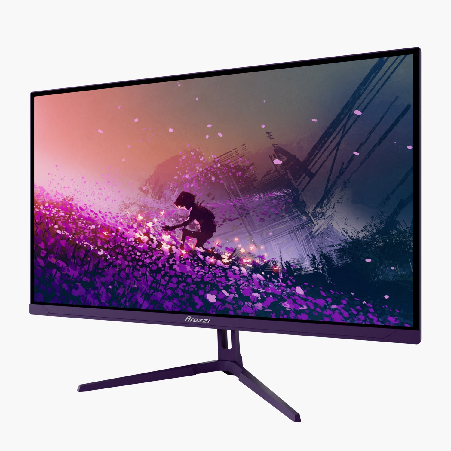 Ein violetter Arozzi-Monitor zeigt eine Szene einer Figur in einem lila Blumenfeld mit Sonnenuntergang im Hintergrund. Der Monitor steht auf einem Ständer.