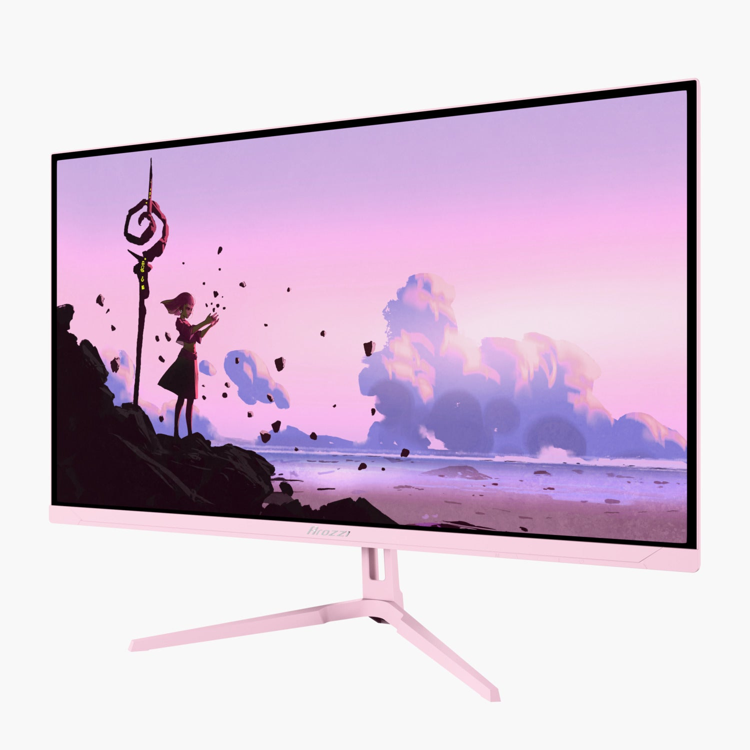 Ein rosa Computermonitor zeigt eine Fantasieszene. Eine Frau steht auf einer Klippe, Partikel schweben um sie herum. Rosa Himmel und Wolken.