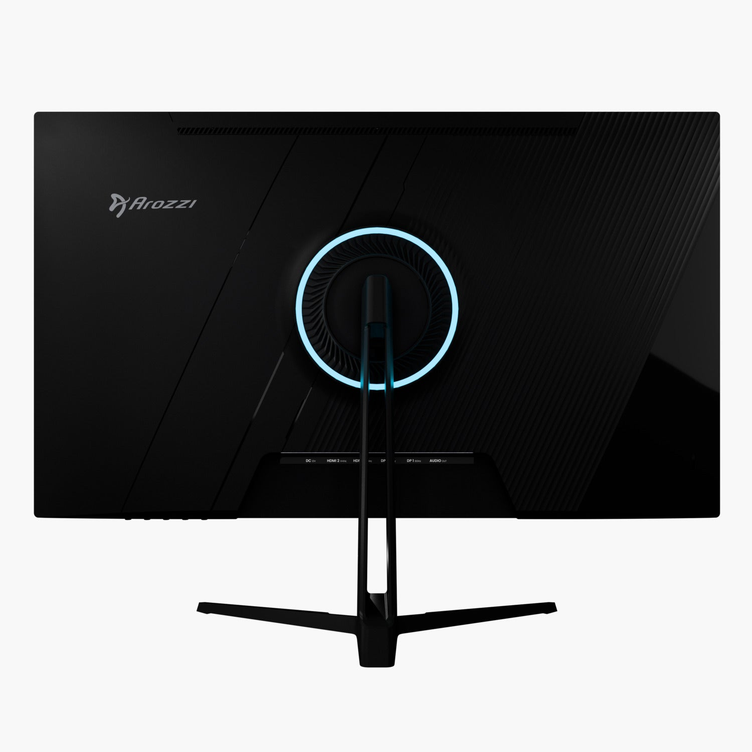 Rückansicht des schwarzen Computermonitors. Mit blau leuchtendem Kreis, schwarzem Ständer und Arozzi-Logo.