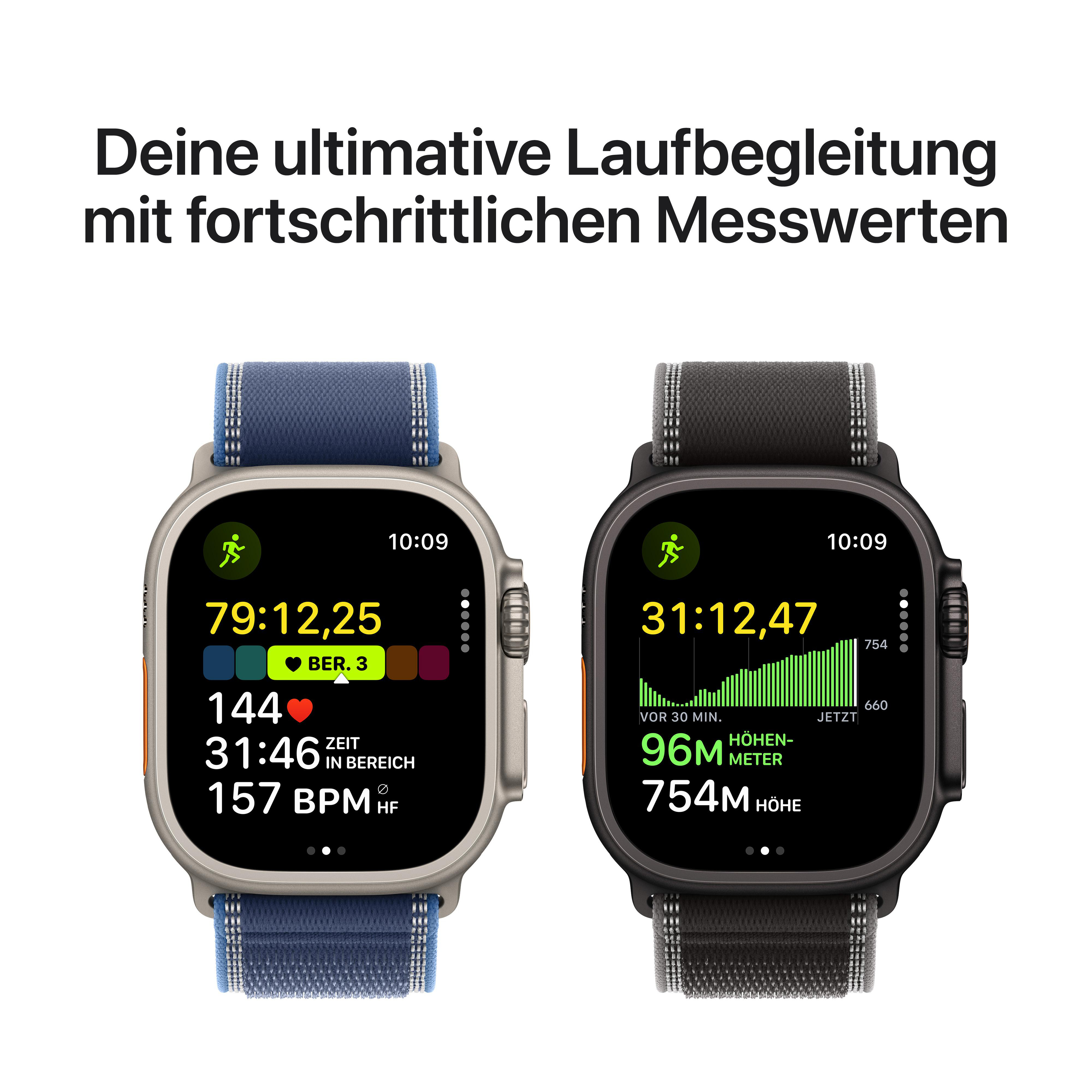Zwei Smartwatches zeigen Trainingsdaten. Eine hat ein blaues Armband, die andere ein schwarzes, beide auf weißem Hintergrund.