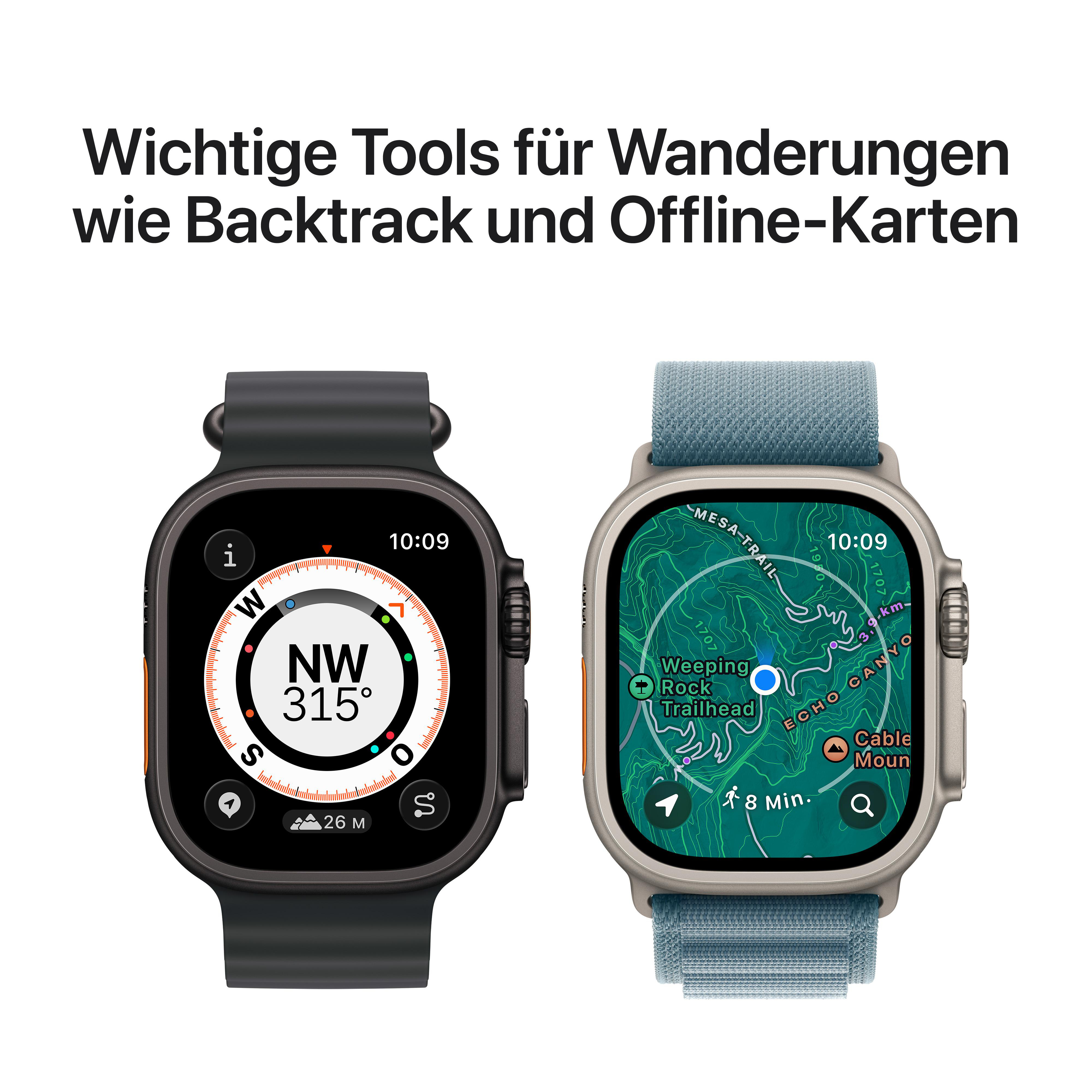 Zwei Smartwatches zeigen Navigation und Kompass. Eine hat ein schwarzes Band, die andere ein blaues Band. Text sagt 'Wichtige Tools'.