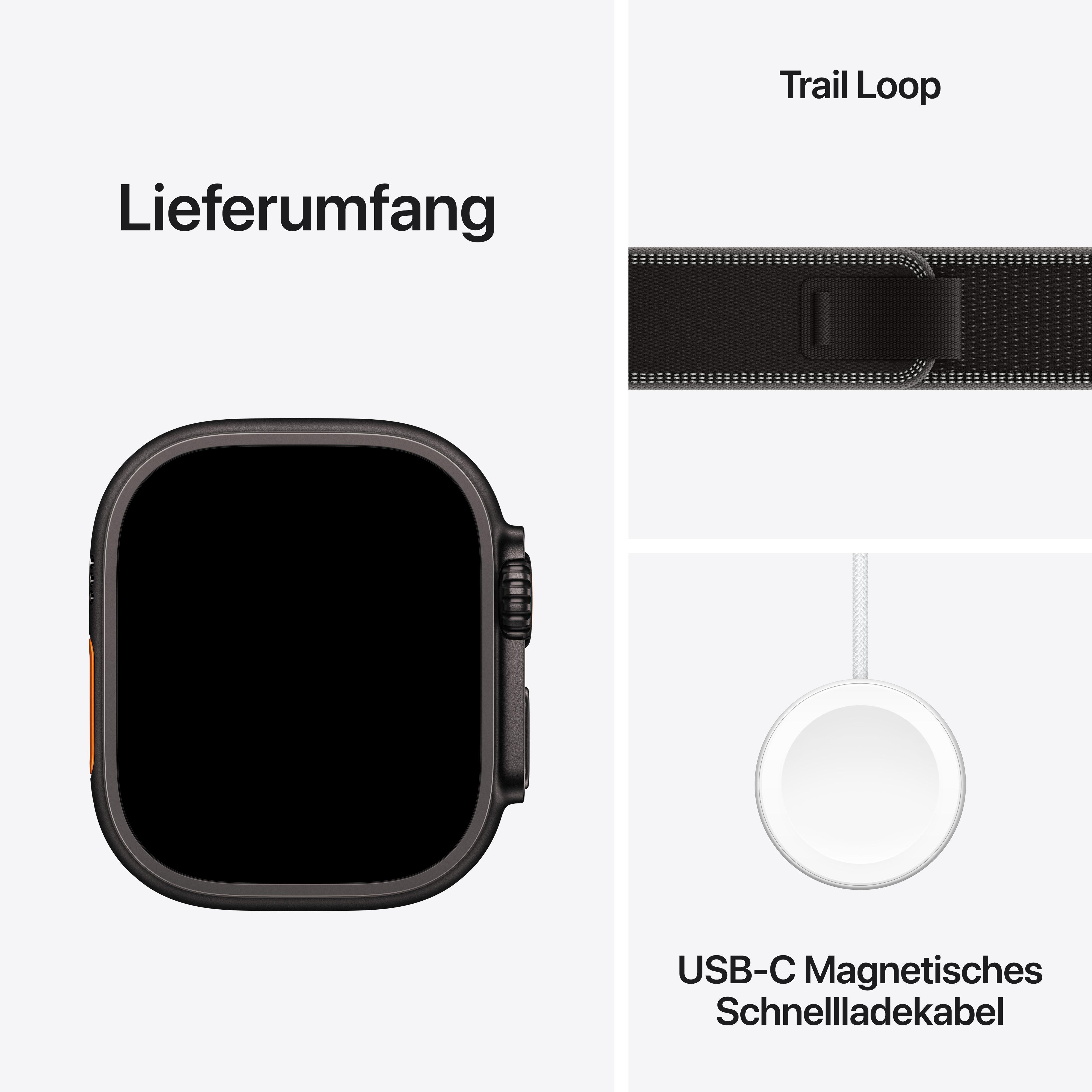 Bild zeigt Apple Watch, Trail Loop Armband und Ladekabel. Die Uhr ist schwarz. Armband und Kabel sind weiß und schwarz.