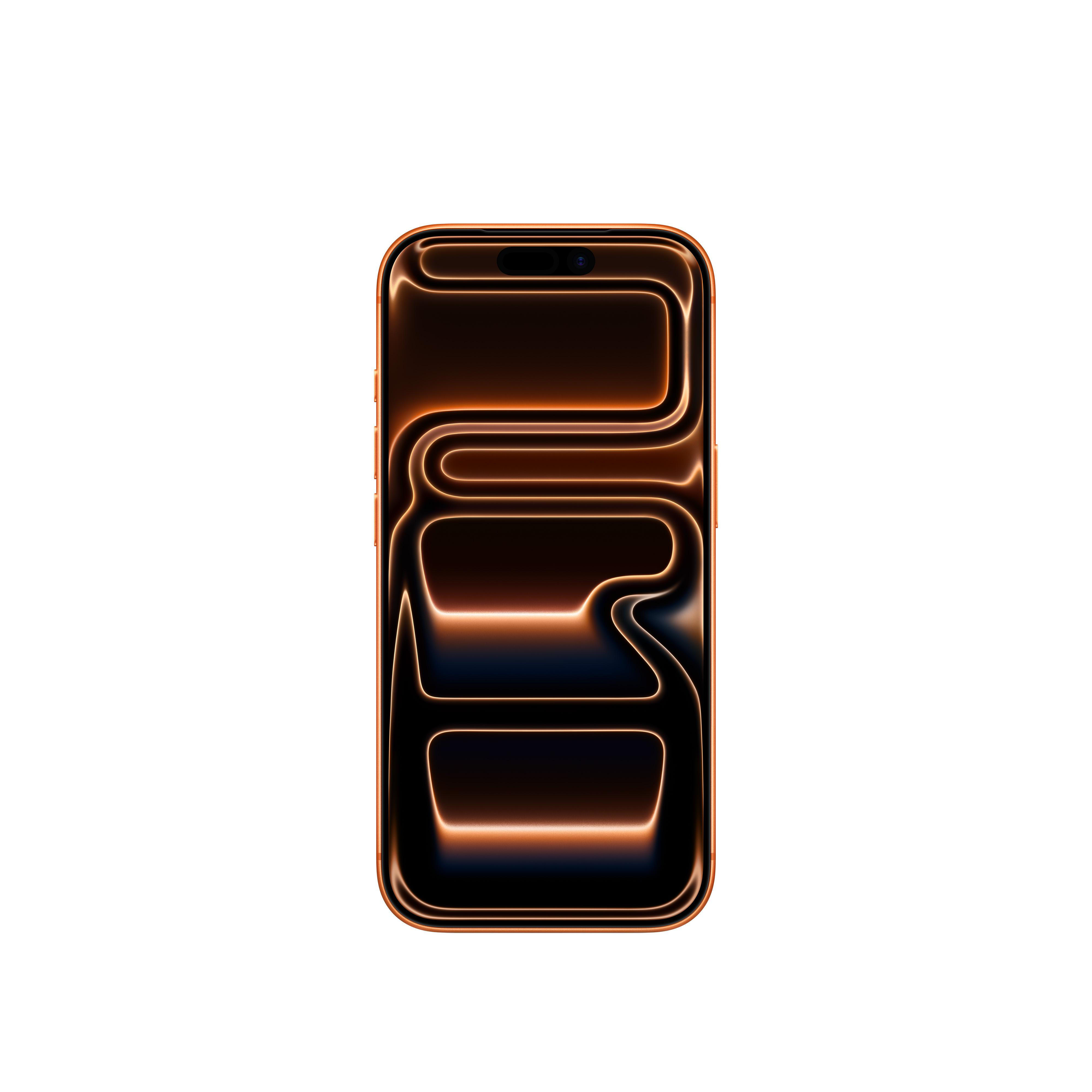 Ein goldenes Smartphone mit schwarzem Bildschirm und orangefarbenem Leuchtdesign. Der Hintergrund ist weiß.