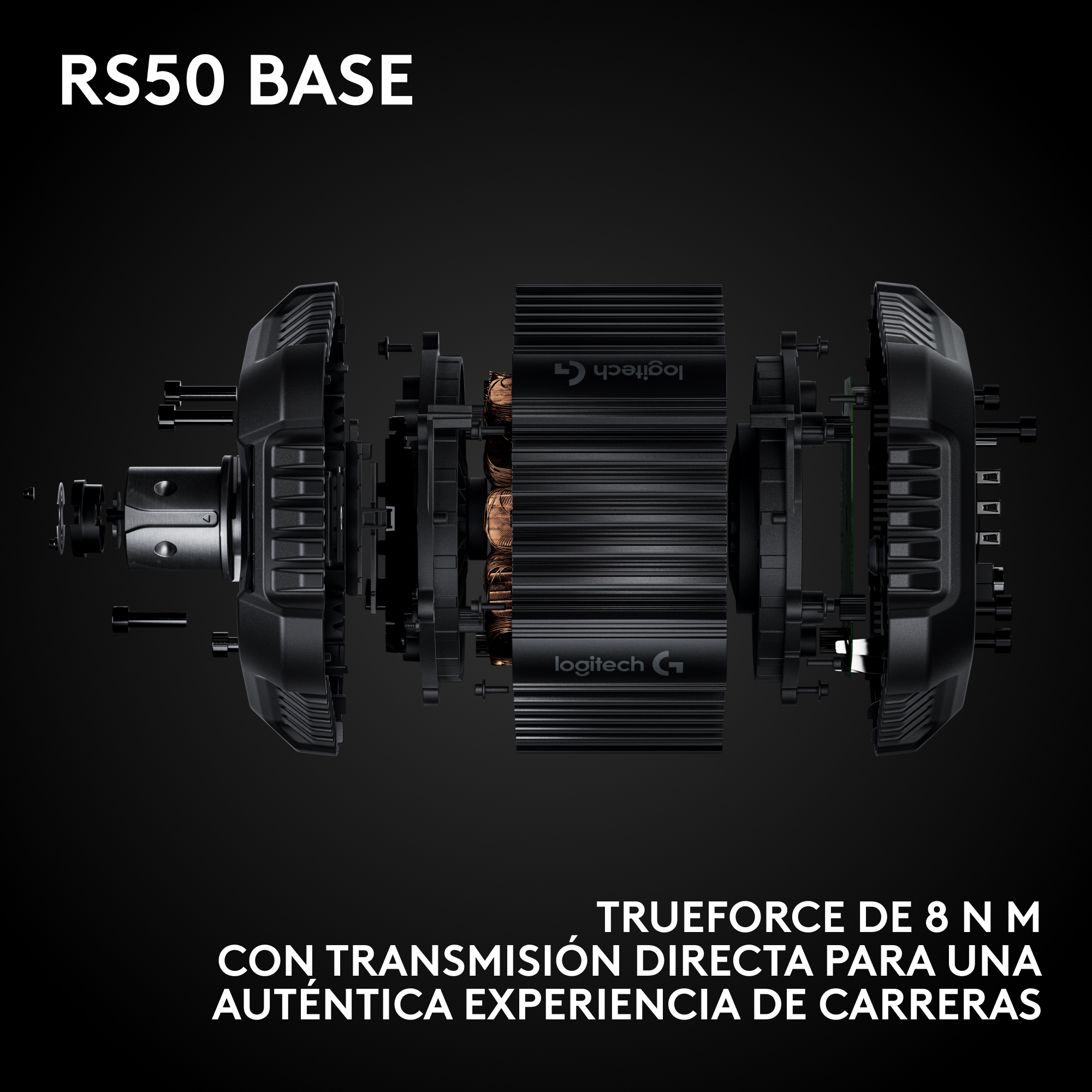 Dispositivo negro desmontado con bobinas de cobre. Texto: RS50 BASE, TRUEFORCE de 8 NM y logotipos de Logitech.