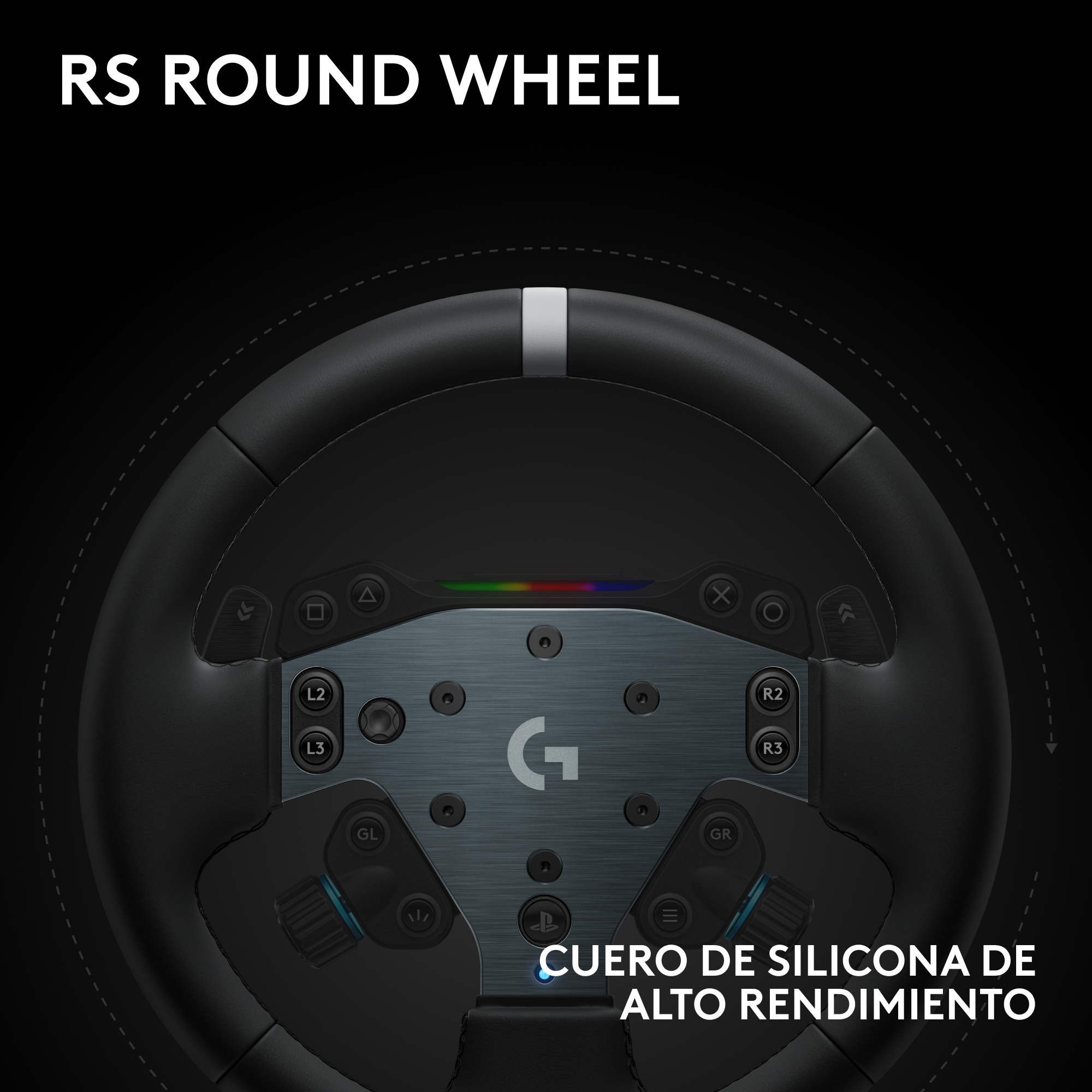 Un volante de carreras con botones y una placa central. El texto 'RS ROUND WHEEL' está arriba. El volante es negro.