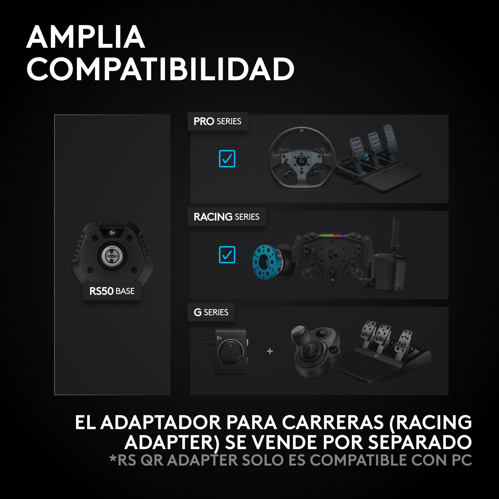 Imagen que muestra volantes de carreras, pedales y palancas de cambio. El texto dice 'AMPLIA COMPATIBILIDAD'. Incluye RS50 BASE y compatibilidad de serie.