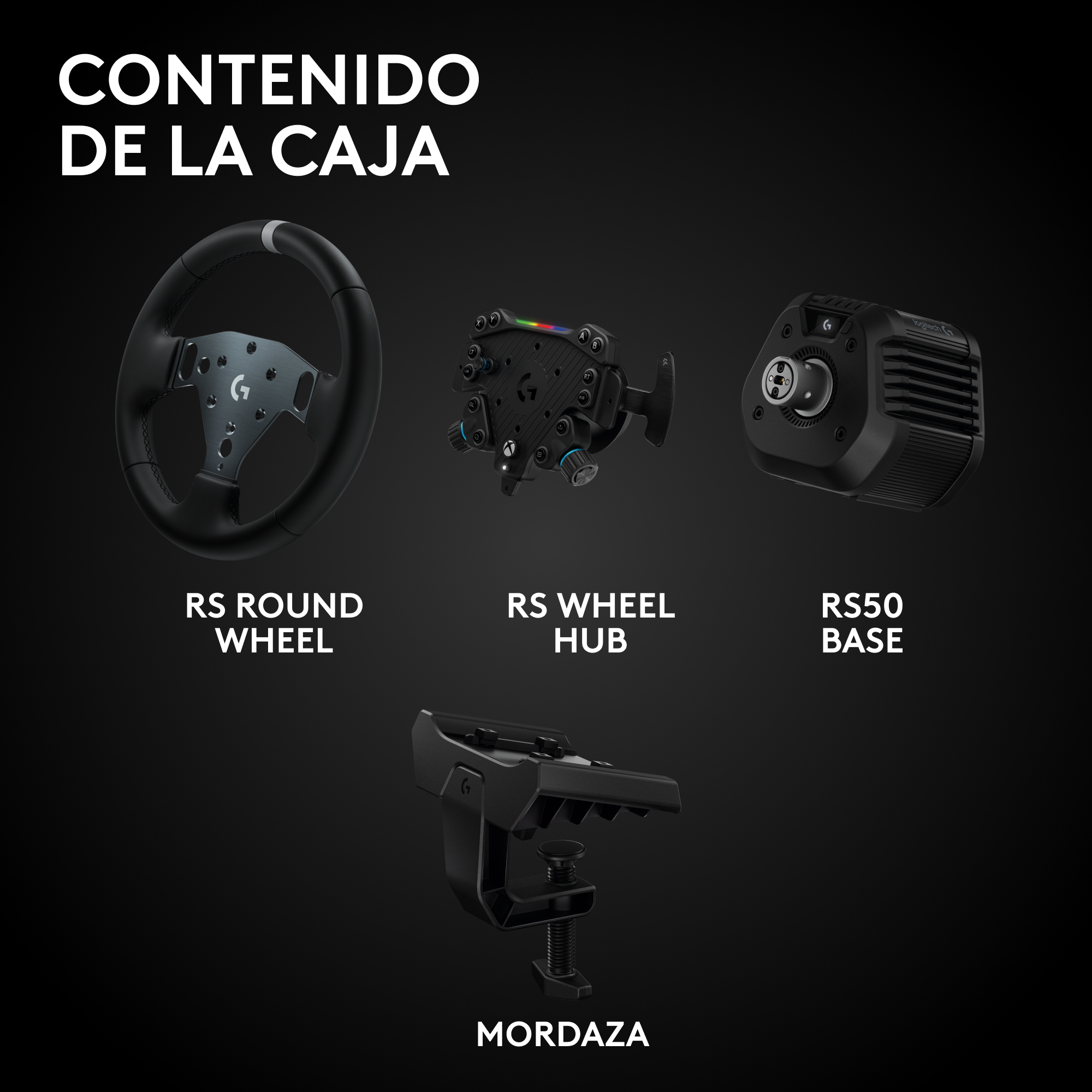 La imagen muestra un volante, un buje de rueda, una base y una abrazadera de mesa. Todo es negro, de la marca Logitech.