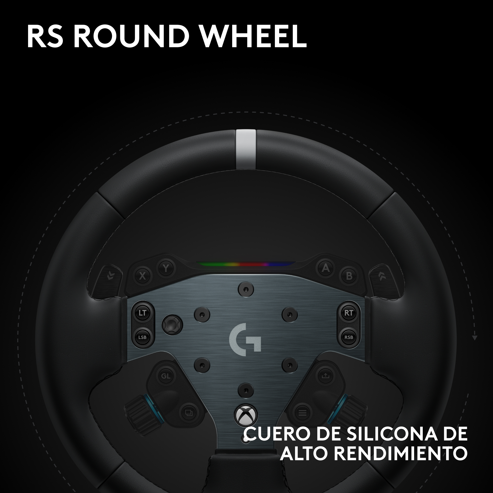 Un volante de carreras negro con botones y un centro metálico. El texto dice 'RS ROUND WHEEL' y 'CUERO DE SILICONA DE ALTO RENDIMIENTO'.