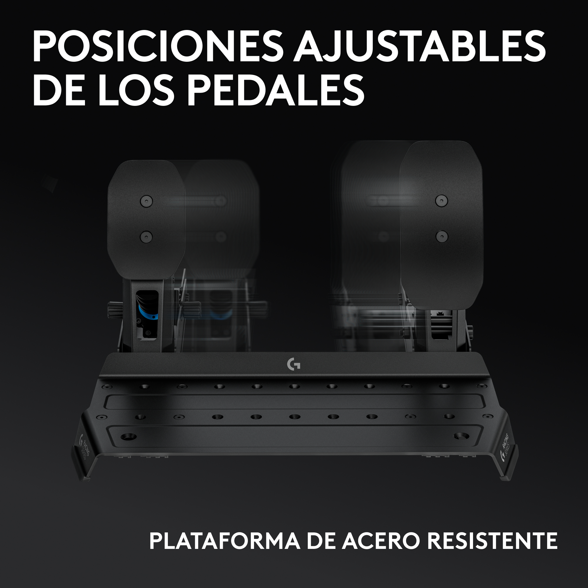 Pedales de carreras negros sobre una plataforma de acero. Imagen muestra posiciones ajustables. Texto dice 'Posiciones de pedal ajustables'.