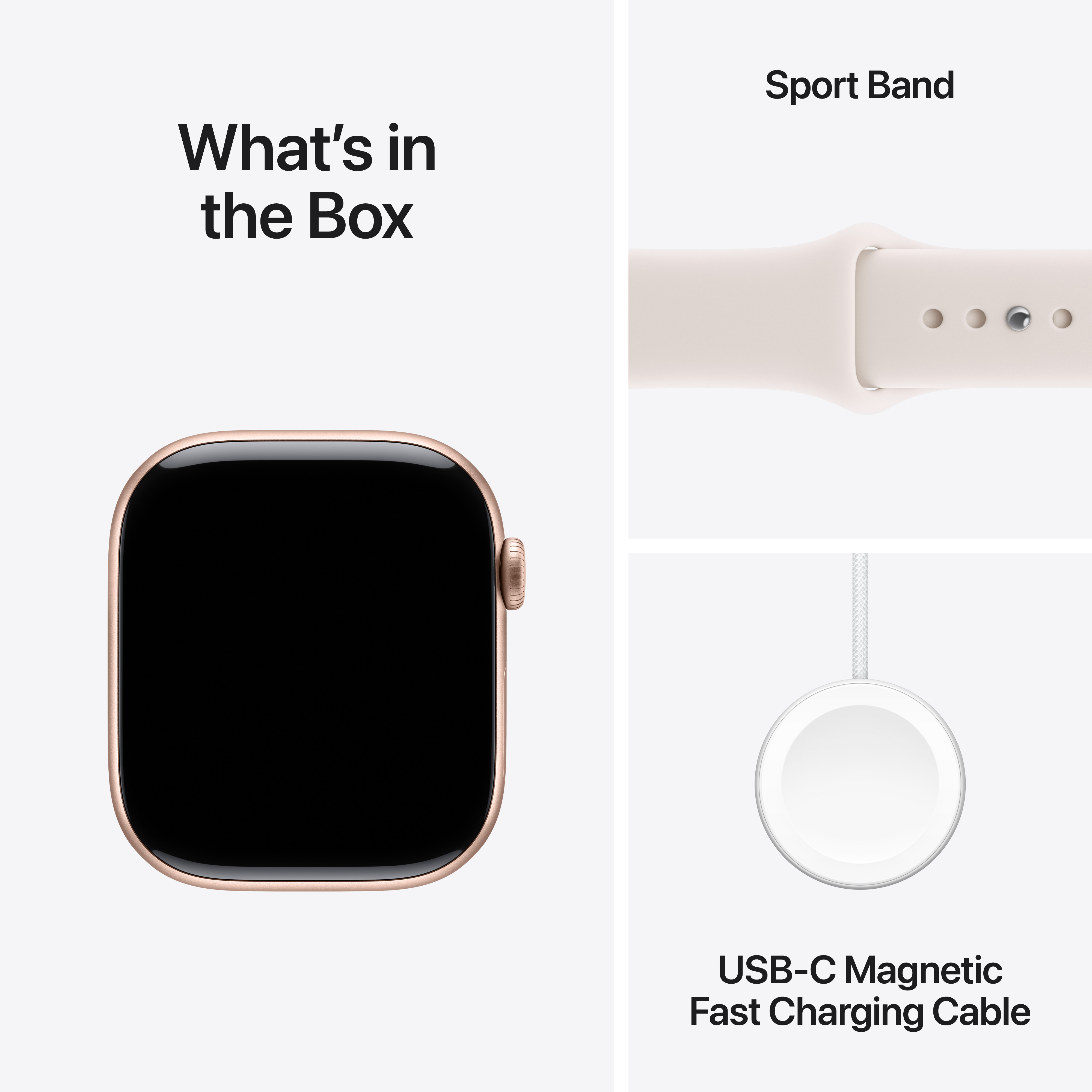 Das Bild zeigt eine Apple Watch, ein Sportarmband und ein Ladegerät. Die Uhr hat einen schwarzen Bildschirm. Das Band und das Ladegerät sind weiß.
