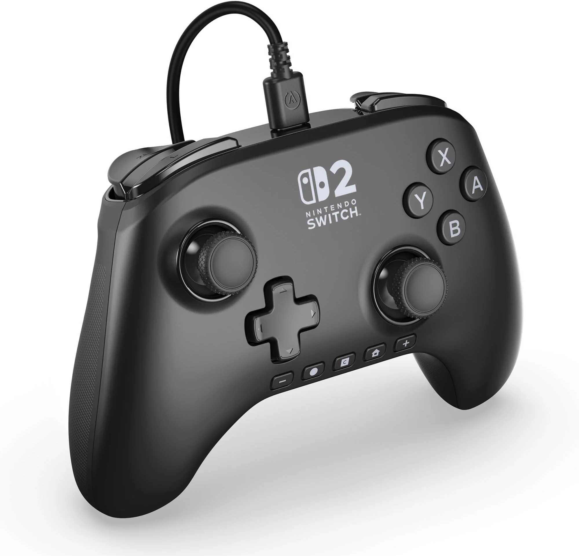Fekete Nintendo Switch vezérlő gombokkal, joystickokkal és kábellel. Kereszt alakú D-pad-dal rendelkezik.