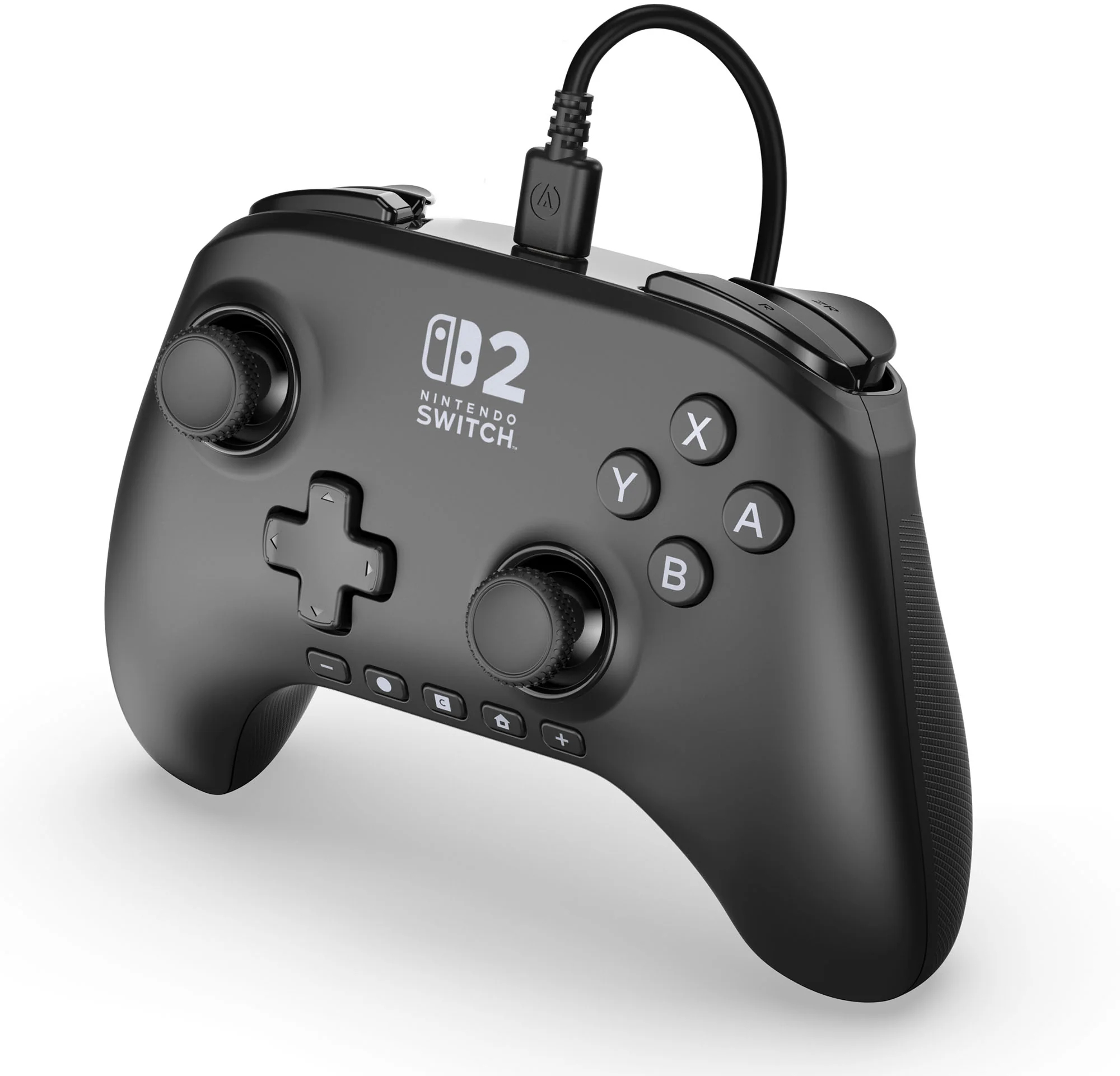Fekete Nintendo Switch kontroller gombokkal és kábellel. Van rajta analóg kar, D-pad és funkciógombok.