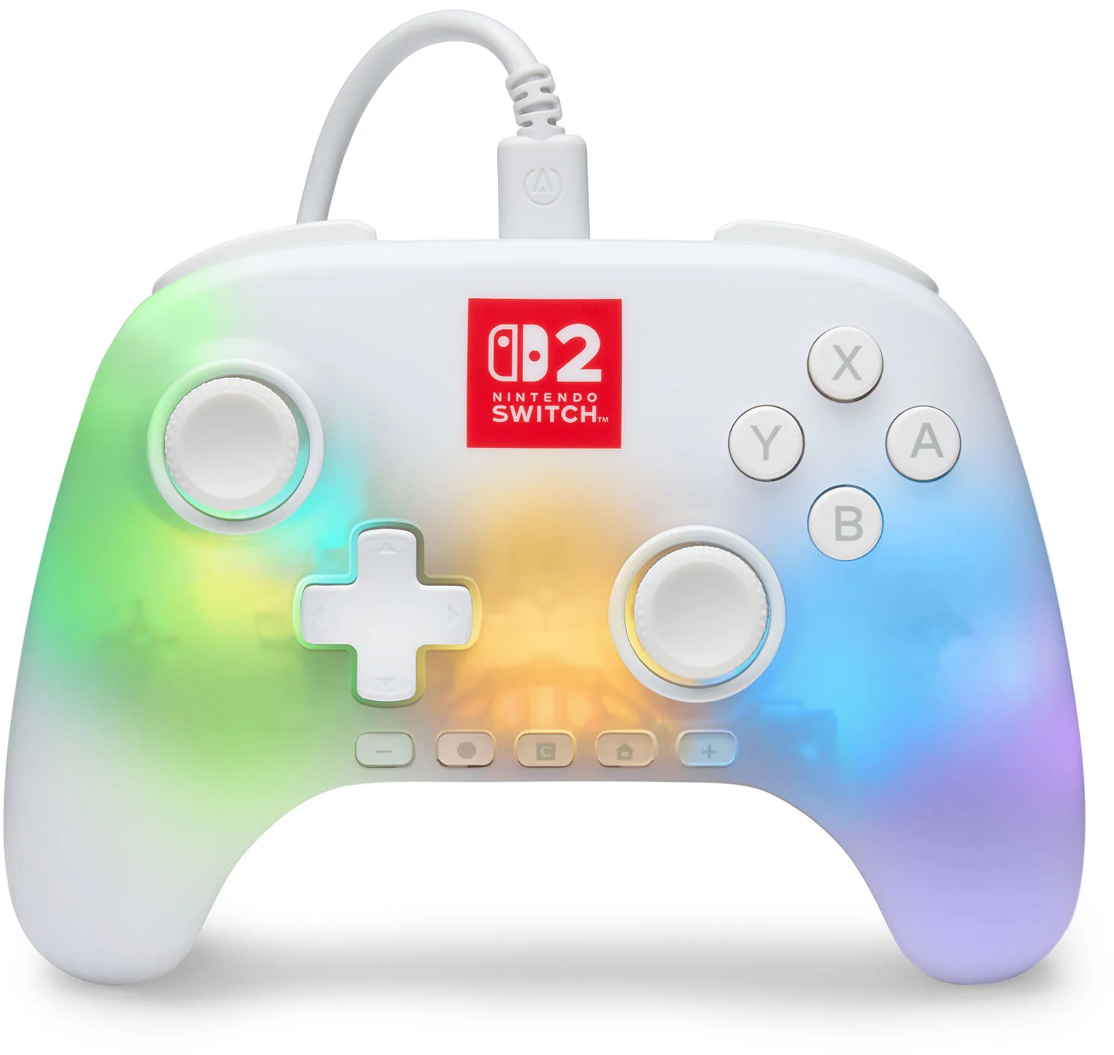 Fehér Nintendo Switch kontroller szivárványos átmenettel és piros Nintendo Switch logóval, gombokkal és csatlakoztatott kábellel.