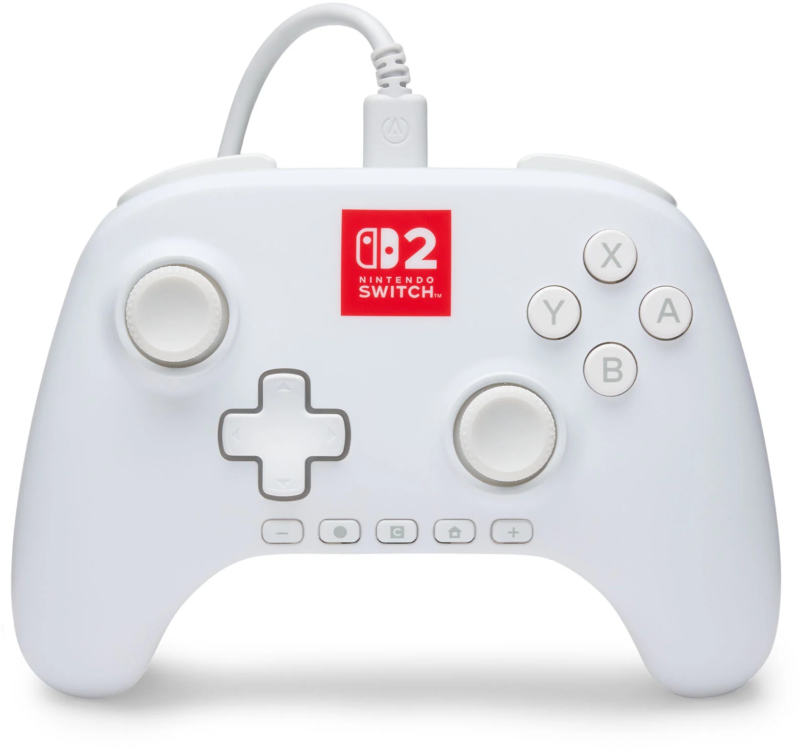 Egy fehér Nintendo Switch vezérlő gombokkal, joystickokkal és kábellel. A Nintendo Switch logója piros a vezérlőn.