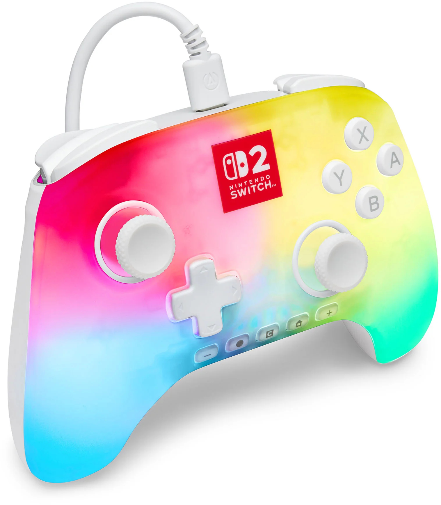 Szivárványszínű Nintendo Switch vezérlő fehér gombokkal, fehér kábellel és Nintendo Switch logóval.