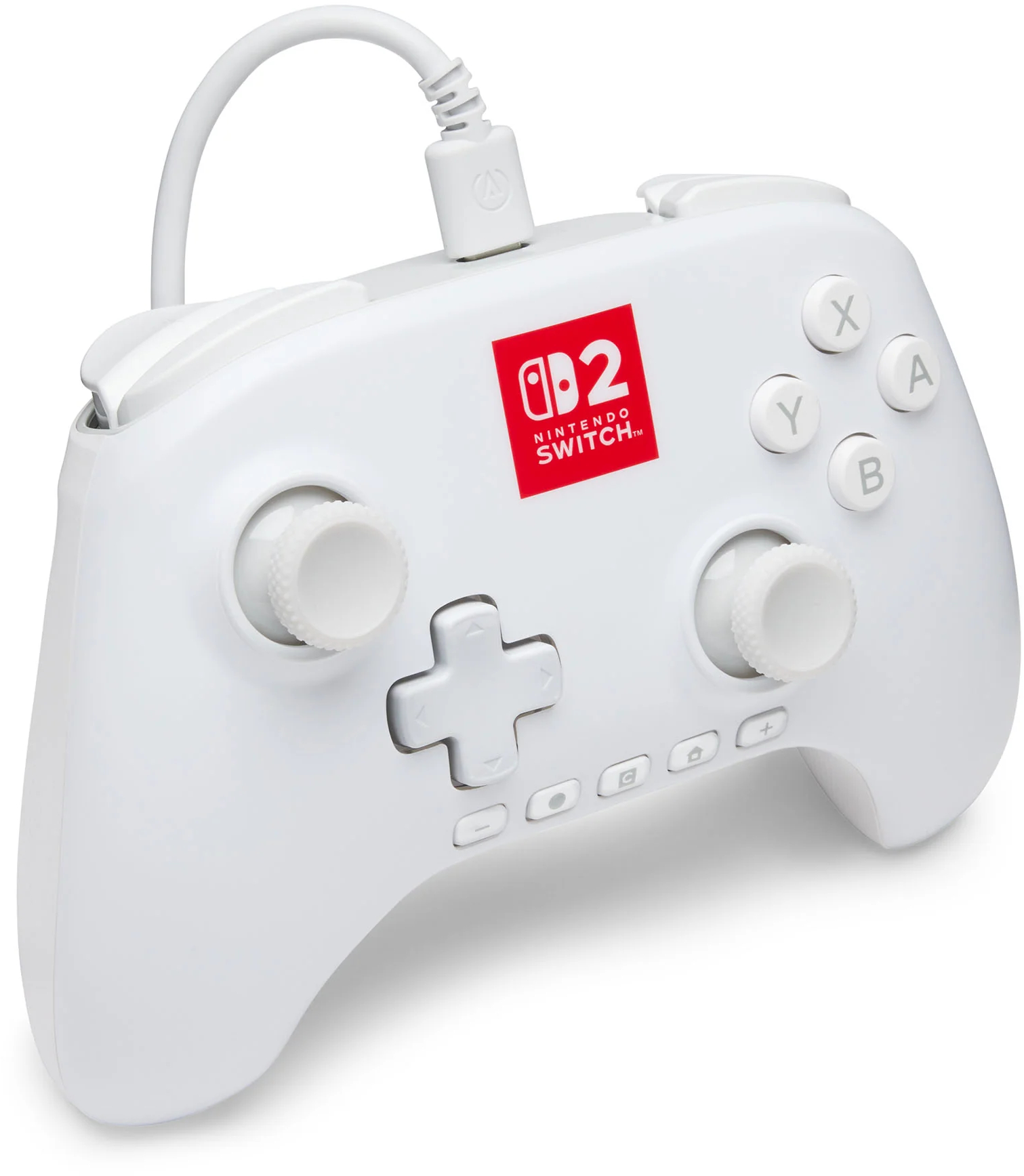 Egy fehér Nintendo Switch kontroller gombokkal, joystickokkal és kábellel. Látható a Nintendo Switch logó.