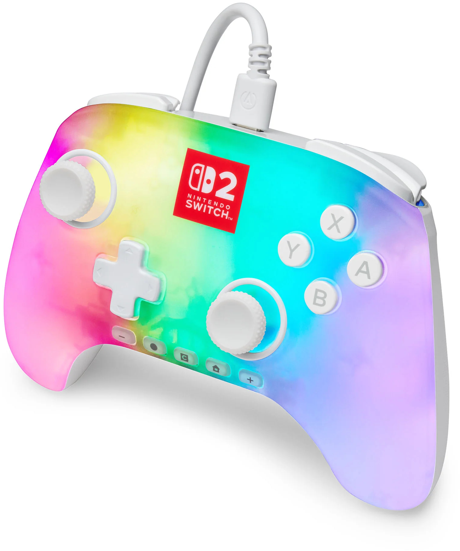 Egy színes Nintendo Switch vezérlő. Szivárvány színekkel, fehér gombokkal és fehér kábellel rendelkezik. A Nintendo Switch logó látható.