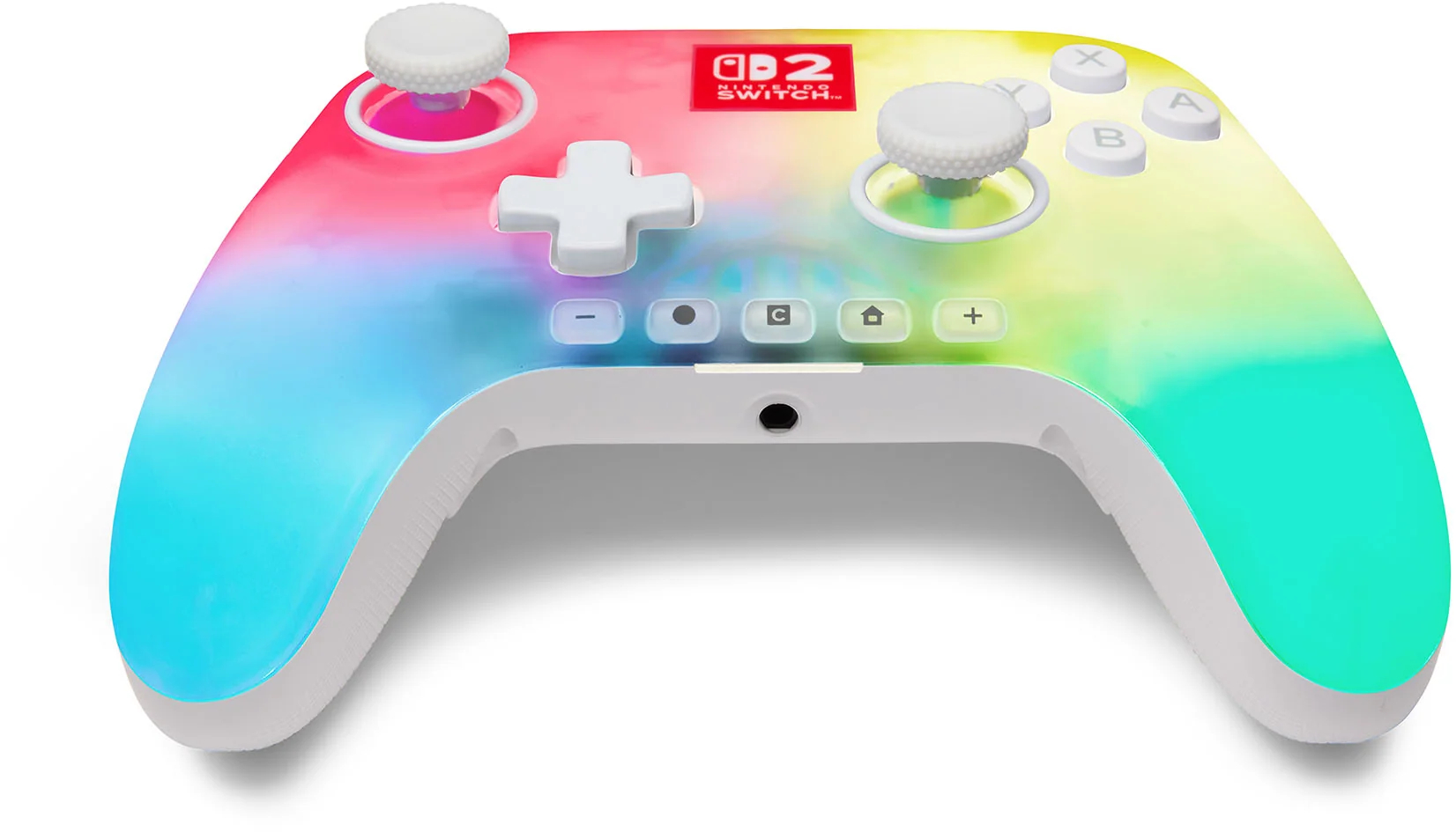 Egy színes Nintendo Switch vezérlő. Gombok, analóg karok és egy központi logó található rajta. A háttér fehér.
