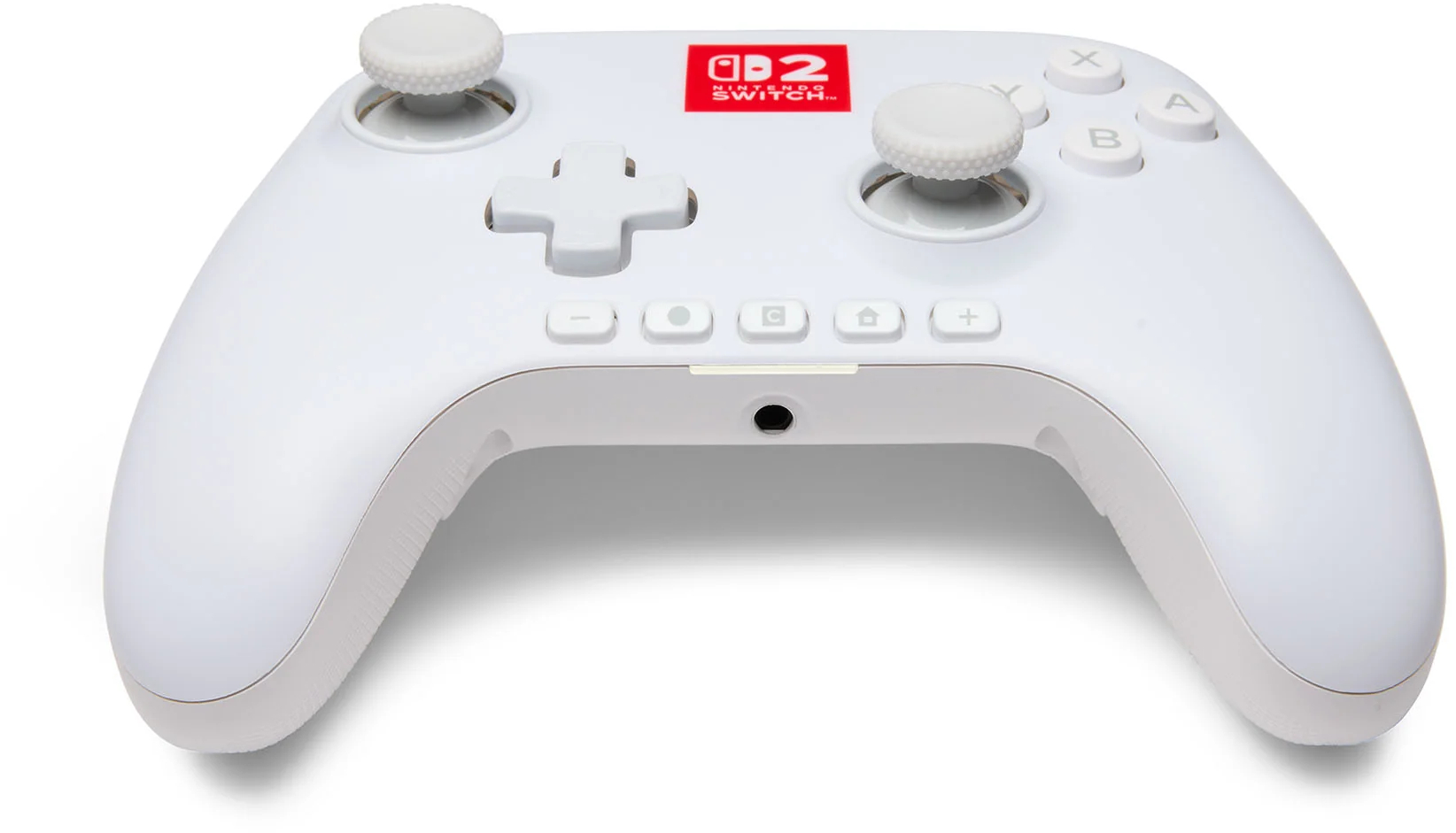 Egy fehér Nintendo Switch kontroller. Gombok, joystickek és egy piros Switch logó található rajta.