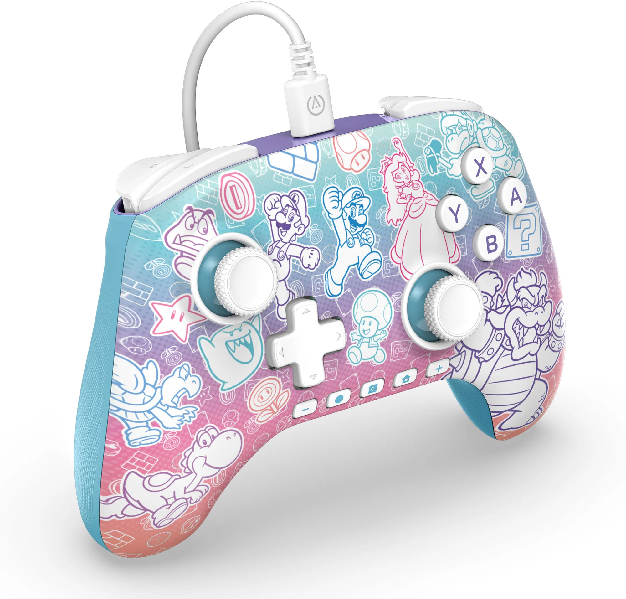 Egy színes Nintendo Switch kontroller Mario karakterekkel. Gombok, joystickek és egy fehér kábel található rajta.