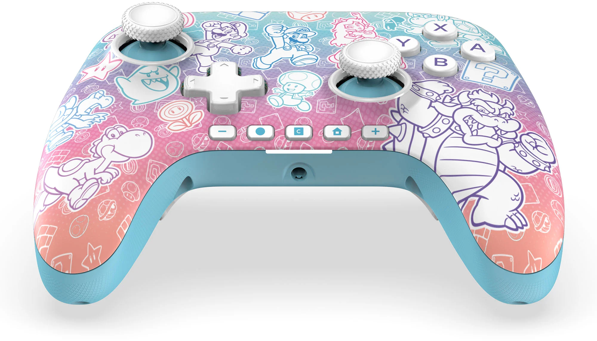 Egy kék-rózsaszín Nintendo Switch kontroller, Mario karakterekkel díszítve. Joystickok, gombok és egy D-pad található rajta.