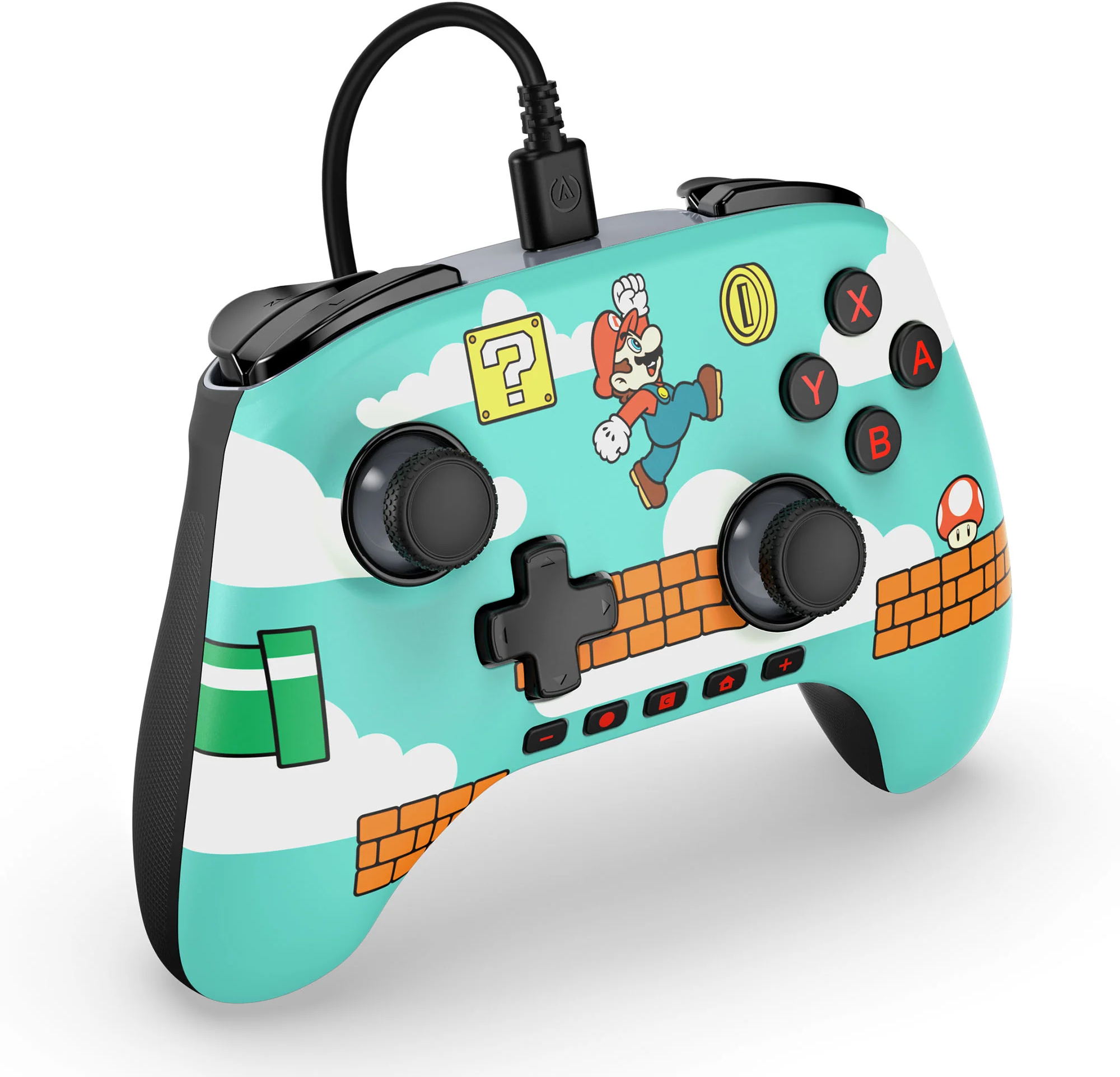 Egy kék-fehér Nintendo Switch vezérlő Mario grafikával. Gombokkal és joystickokkal rendelkezik, valamint egy fekete kábellel.