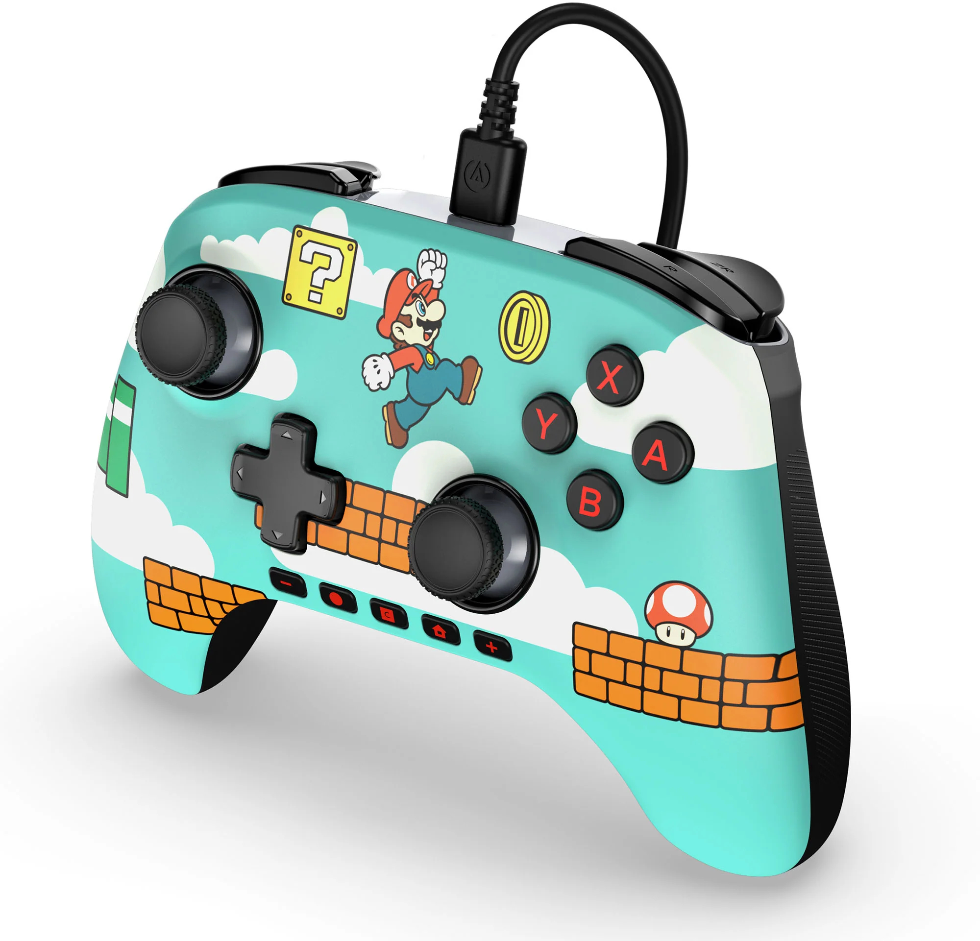Egy kék Mario témájú játékvezérlő Mario grafikával, gombokkal, joystickokkal és egy fekete kábellel.
