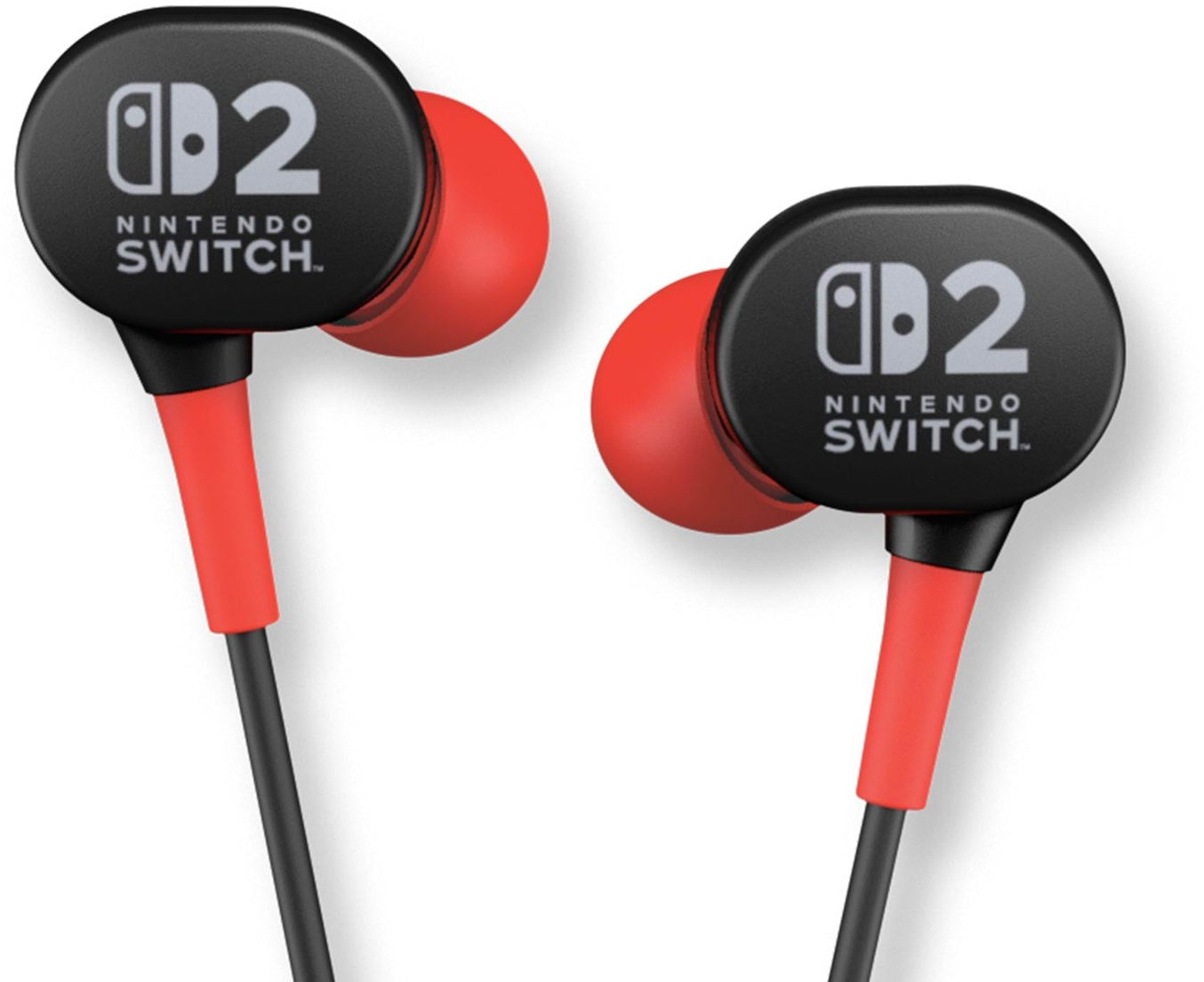 Két fekete-piros Nintendo Switch fülhallgató. Mindegyik fülhallgató fekete házzal rendelkezik, Nintendo Switch logóval és piros fülvéggel.
