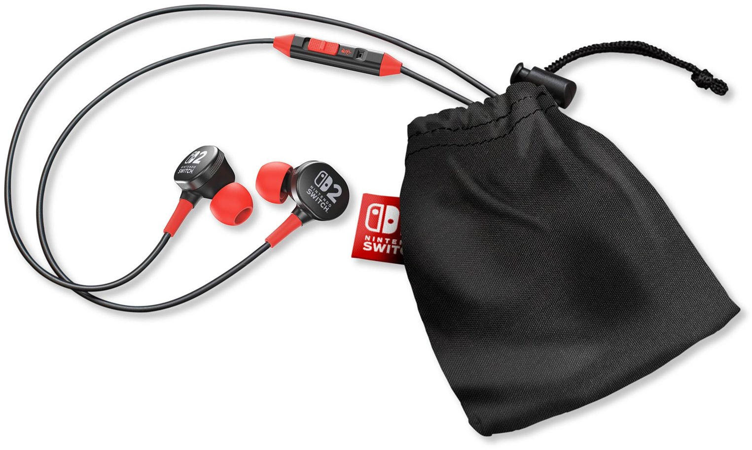 Fülhallgatók fekete kábellel és piros díszítéssel, egy hordtáska és egy Nintendo Switch logó.