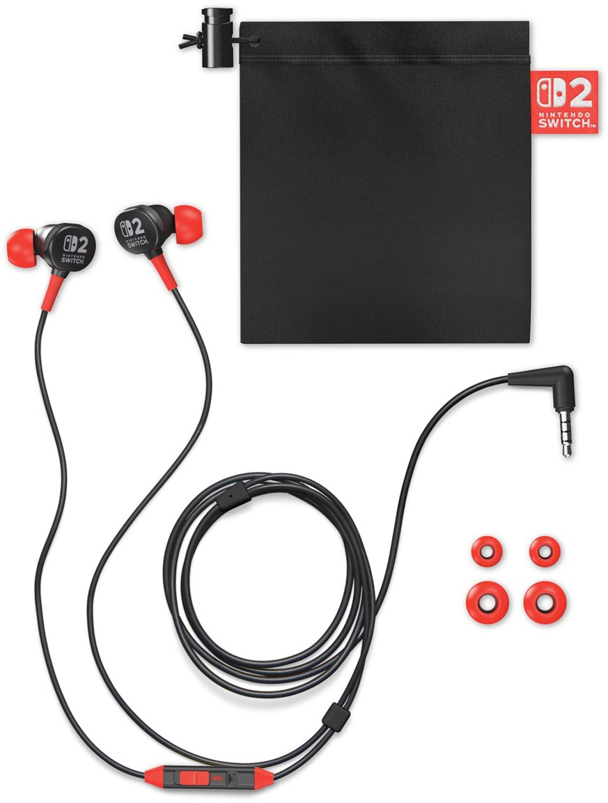 Fülhallgatók, fekete kábel, piros díszítések. Tartalmaz egy hordtáskát, extra fülpárnákat és Nintendo Switch márkajelzést.